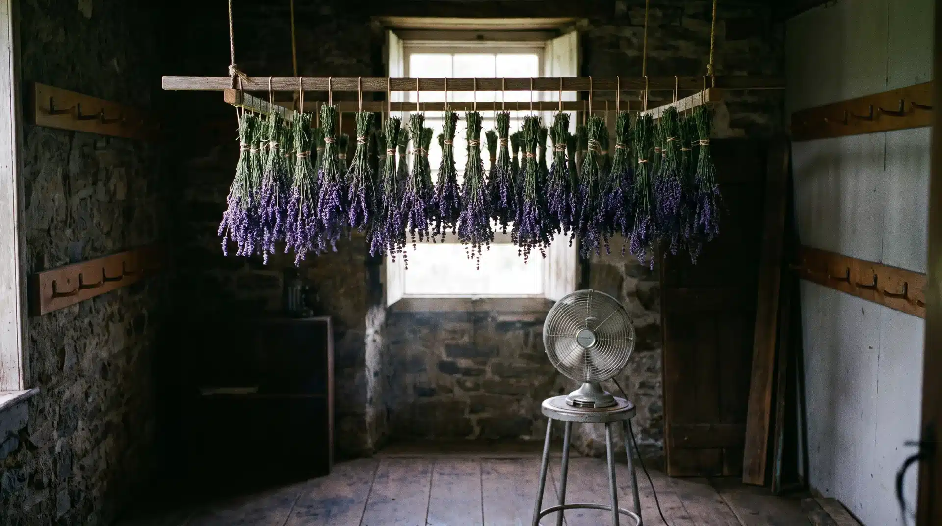 How to dry lavender with bundles hanging upside down in a cool ventilated space.