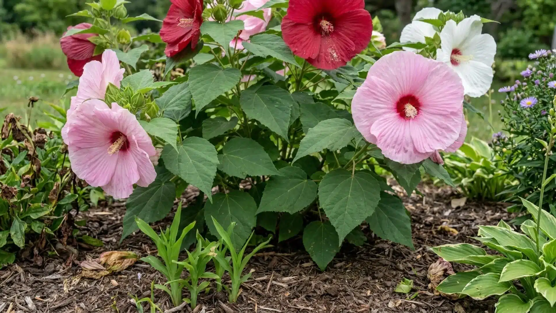 Hardy hibiscus plant with large pink and white flowers growing in a mulched garden bed.