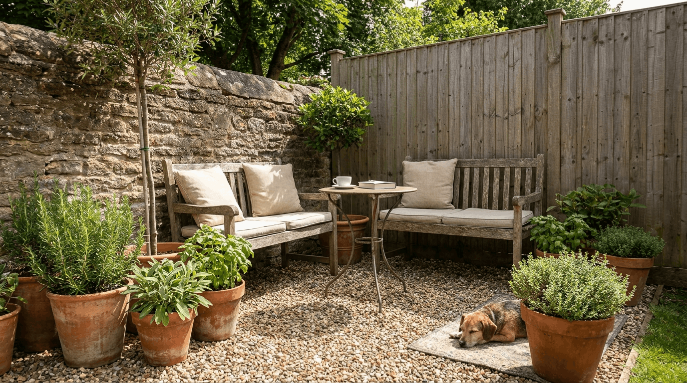 Small gravel patio nook with terracotta herb pots and seating area beside garden wall for relaxation.