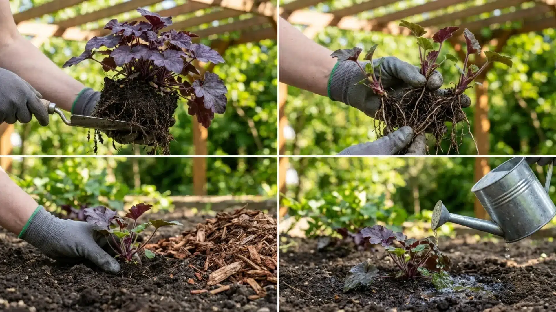 Hands dividing coral bells roots during plant propagation in a garden setting.