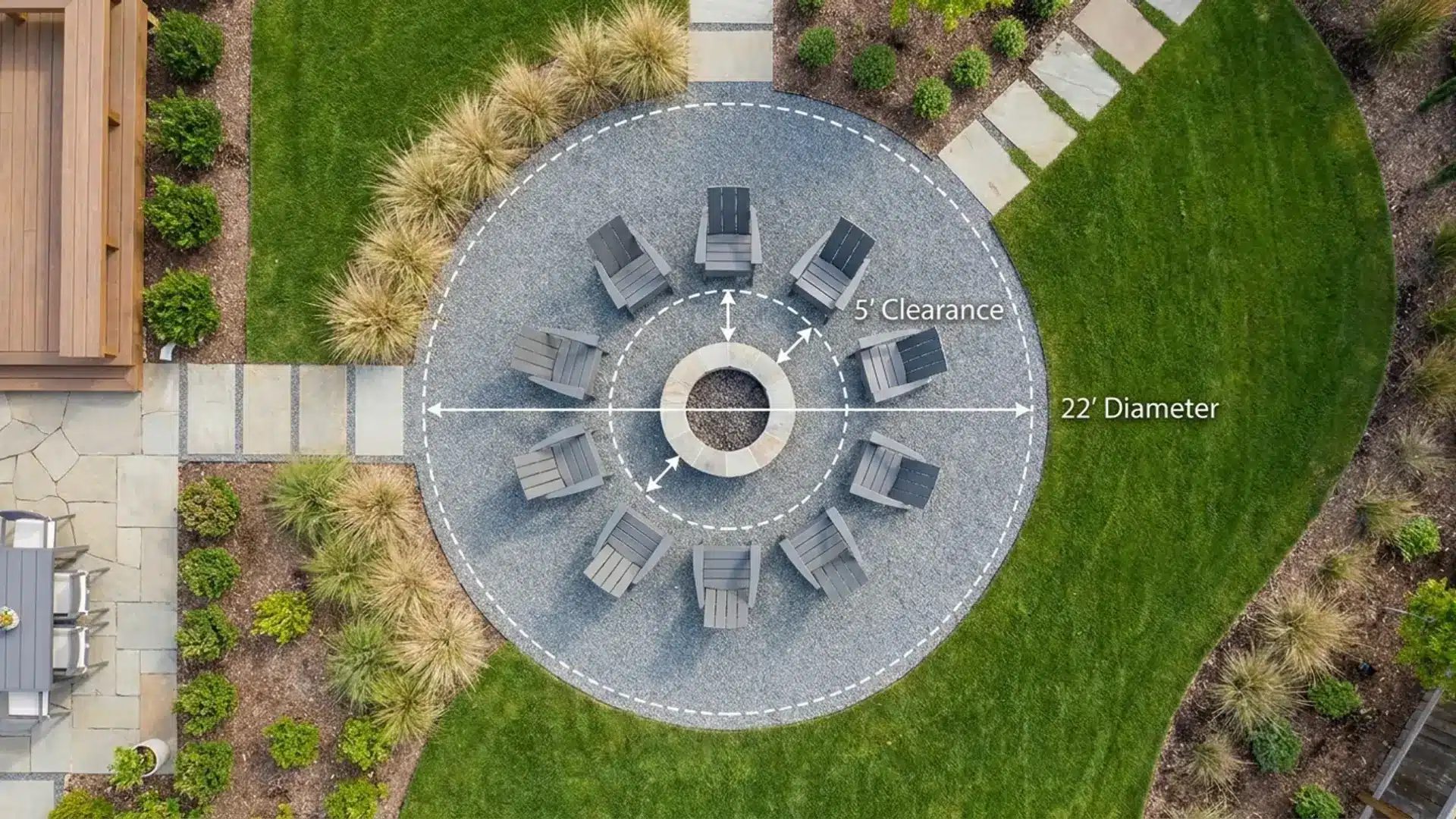 Top-down landscape view showing a circular gravel fire pit layout with seating clearance measurements around the fire area.