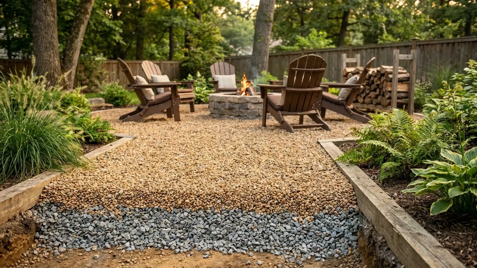 Close-up view of measuring and spreading gravel around a fire pit area to achieve the proper depth and even surface.