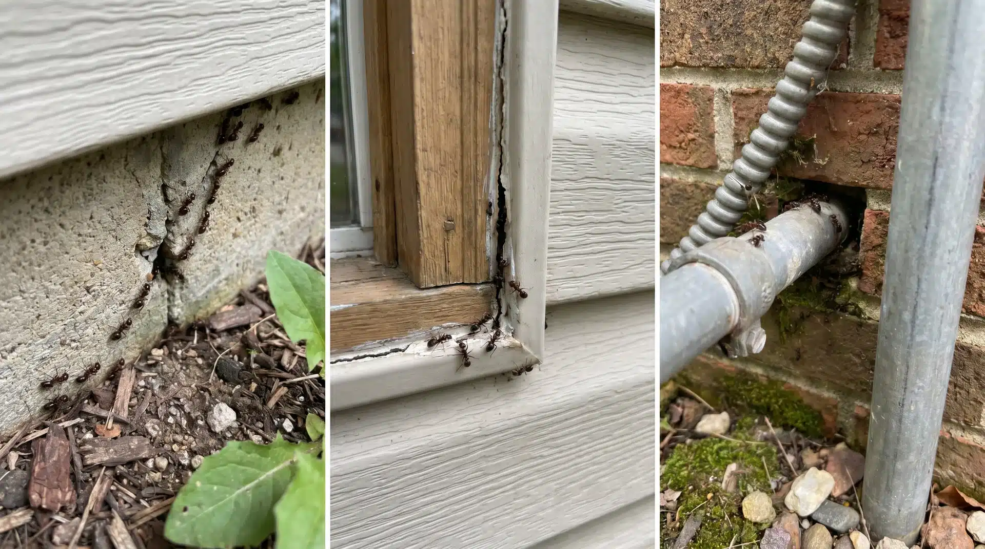 Ants in home entering through foundation cracks, window gaps, and utility openings around exterior walls.