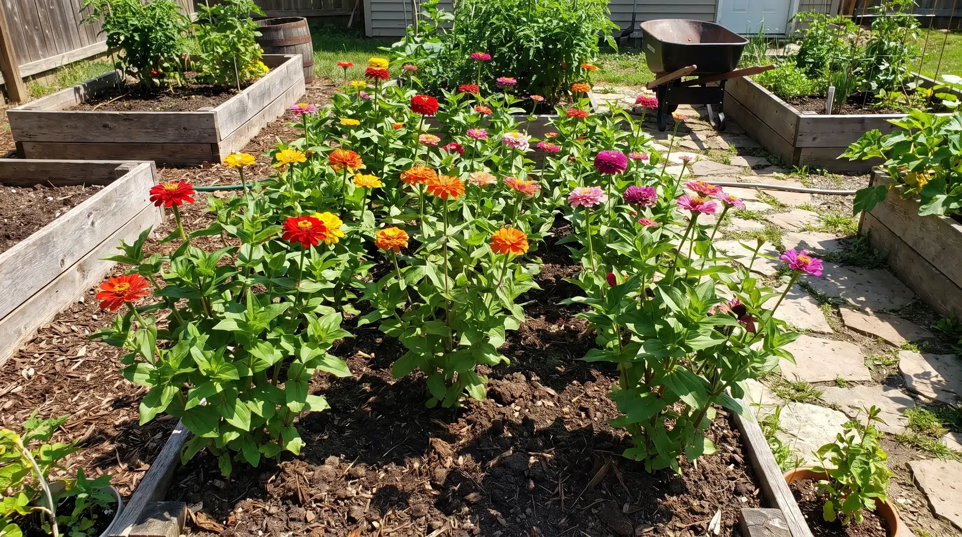 Healthy zinnias growing in rich soil and sunlight showing how tall do zinnias grow under ideal conditions.