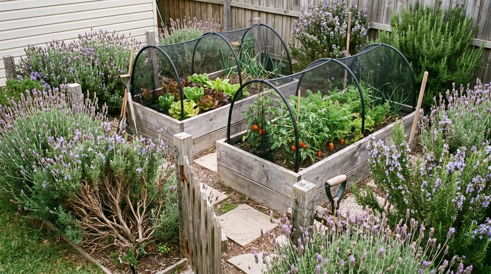 Raised garden beds with protective netting help keep deer out of garden without installing permanent fencing barriers.