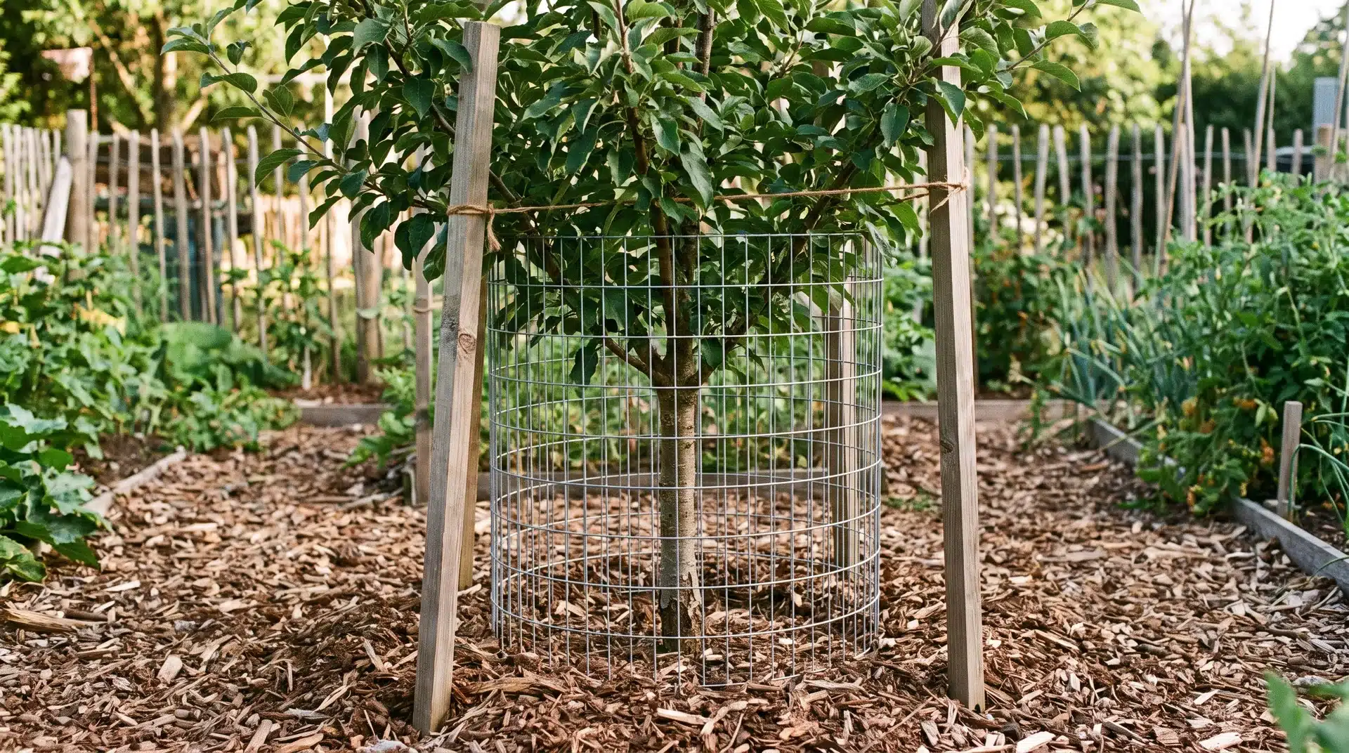 Wire tree guards help keep deer out of garden by protecting young trees from browsing and antler damage.