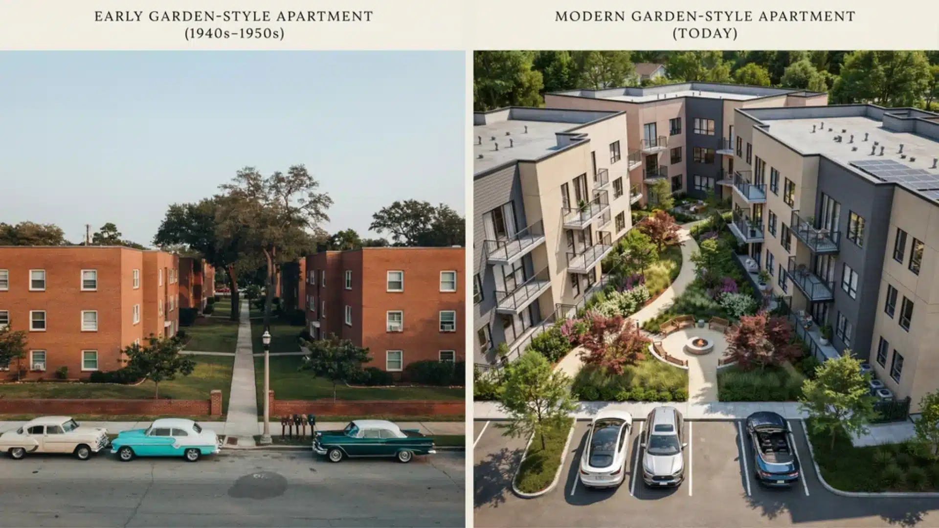 Evolution of garden-style apartments from early designs to modern communities.