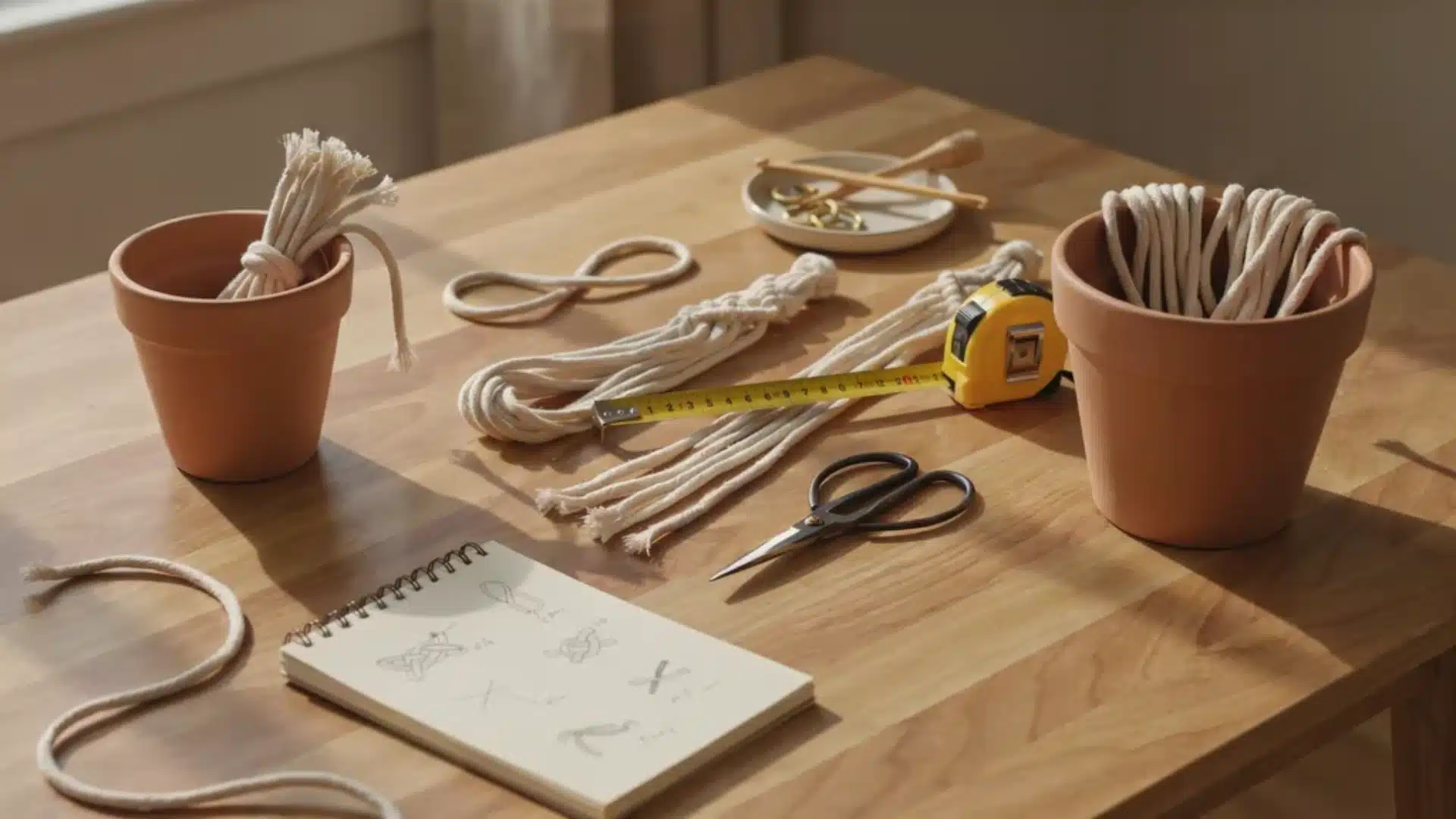 DIY workspace with macramé cords, plant pots, measuring tape, scissors, and a sketchbook used for planning hanger length and design.