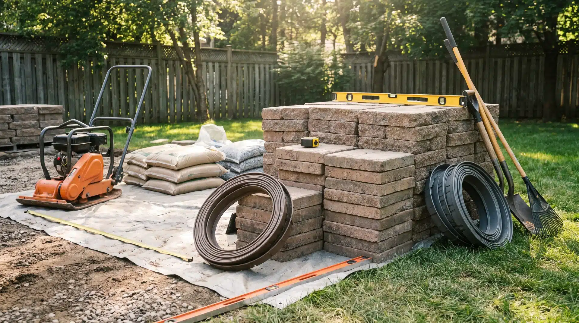 Installing patio pavers with stacked materials, tools, sand bags, and equipment prepared for DIY patio construction.