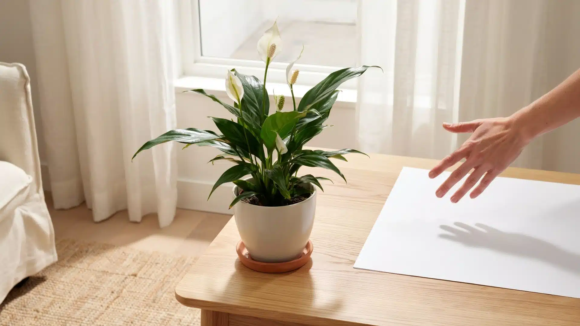 Educational chart summarizing how much light a peace lily needs for optimal growth and flowering indoors.