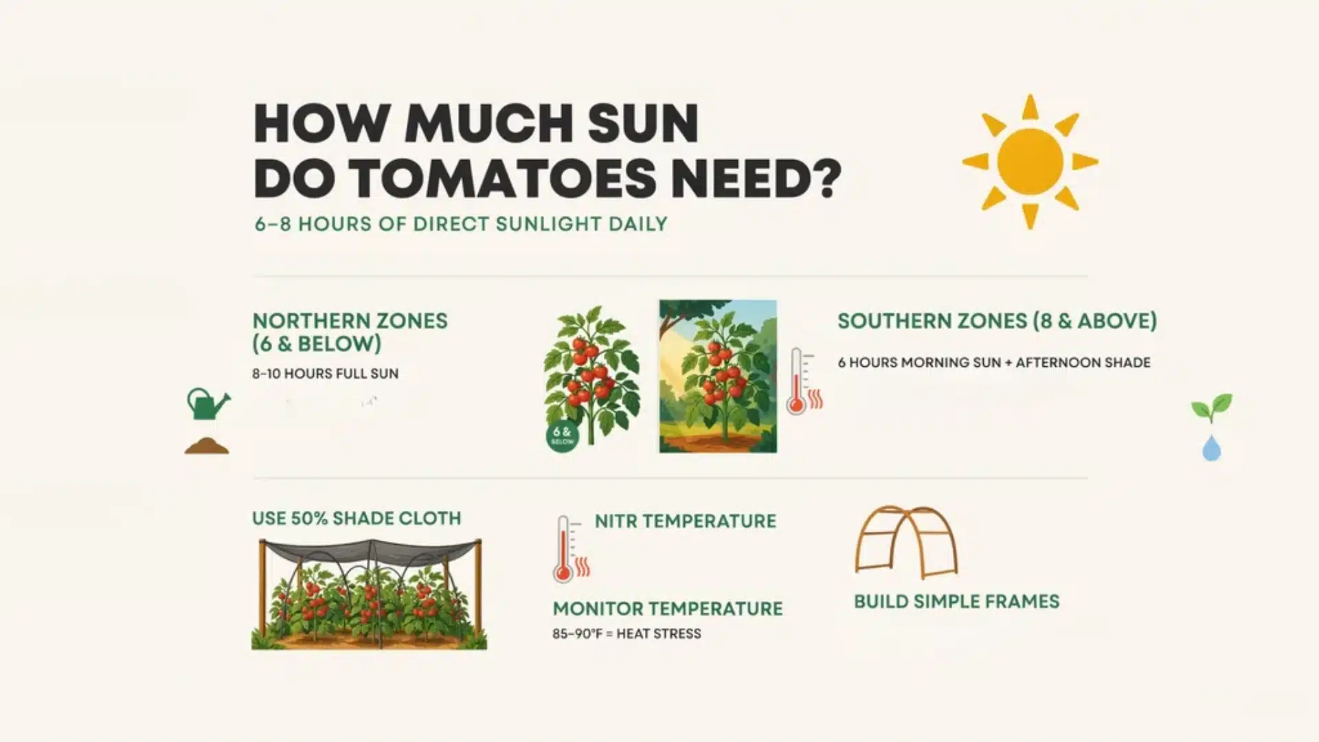 Chart explaining how much sun tomatoes need, showing 6–8 hours of daily sunlight, regional differences between northern and southern zones.