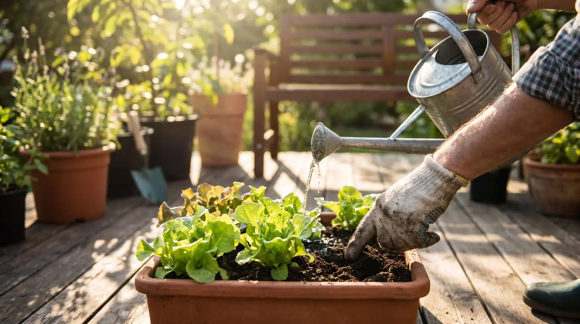 A gardener watering leafy greens in a pot, demonstrating proper care while growing lettuce in containers on a patio.