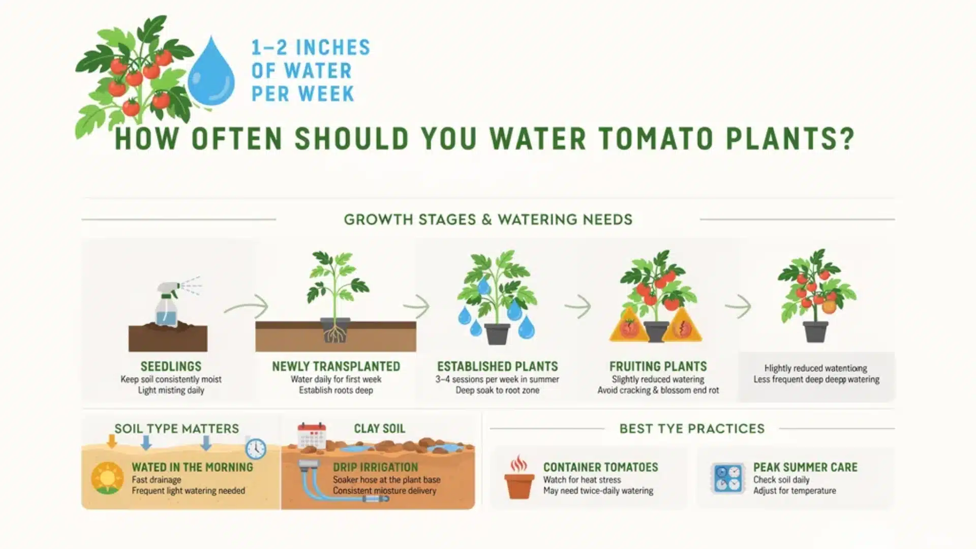 Infographic showing tomato plant watering needs, including 1–2 inches of water per week, different growth stages, soil types, drip irrigation tips, and container care guidance.