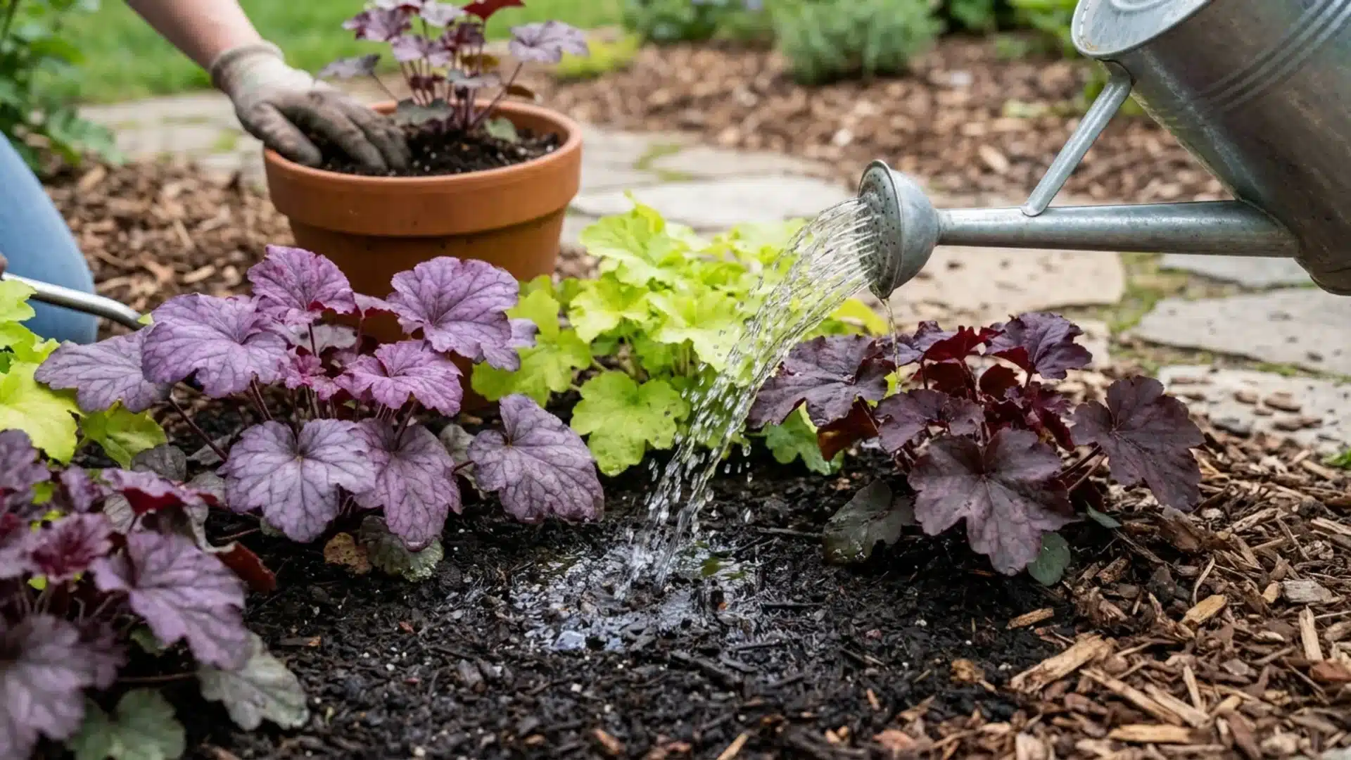 Watering coral bells plants with a watering can in a garden bed.