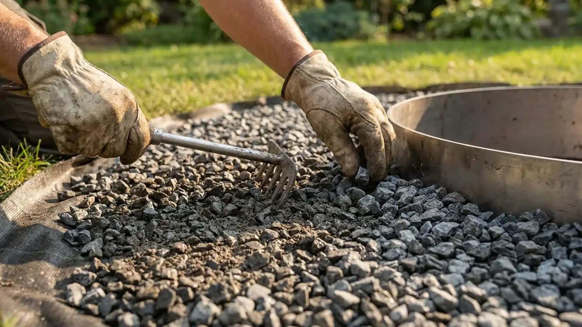 Hands installing gravel around a metal fire pit ring, showing the process of creating a stable outdoor fire pit base.