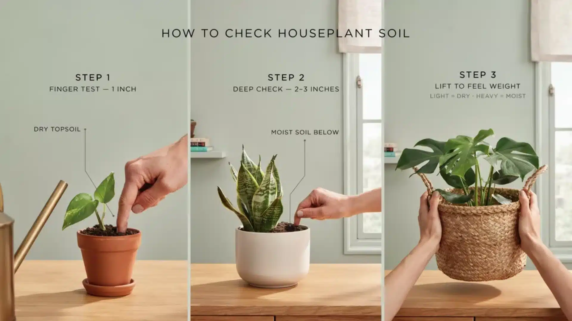 A three-panel instructional image showing steps to check houseplant soil moisture using finger test, deeper soil check, and lifting pot weight to determine watering needs.