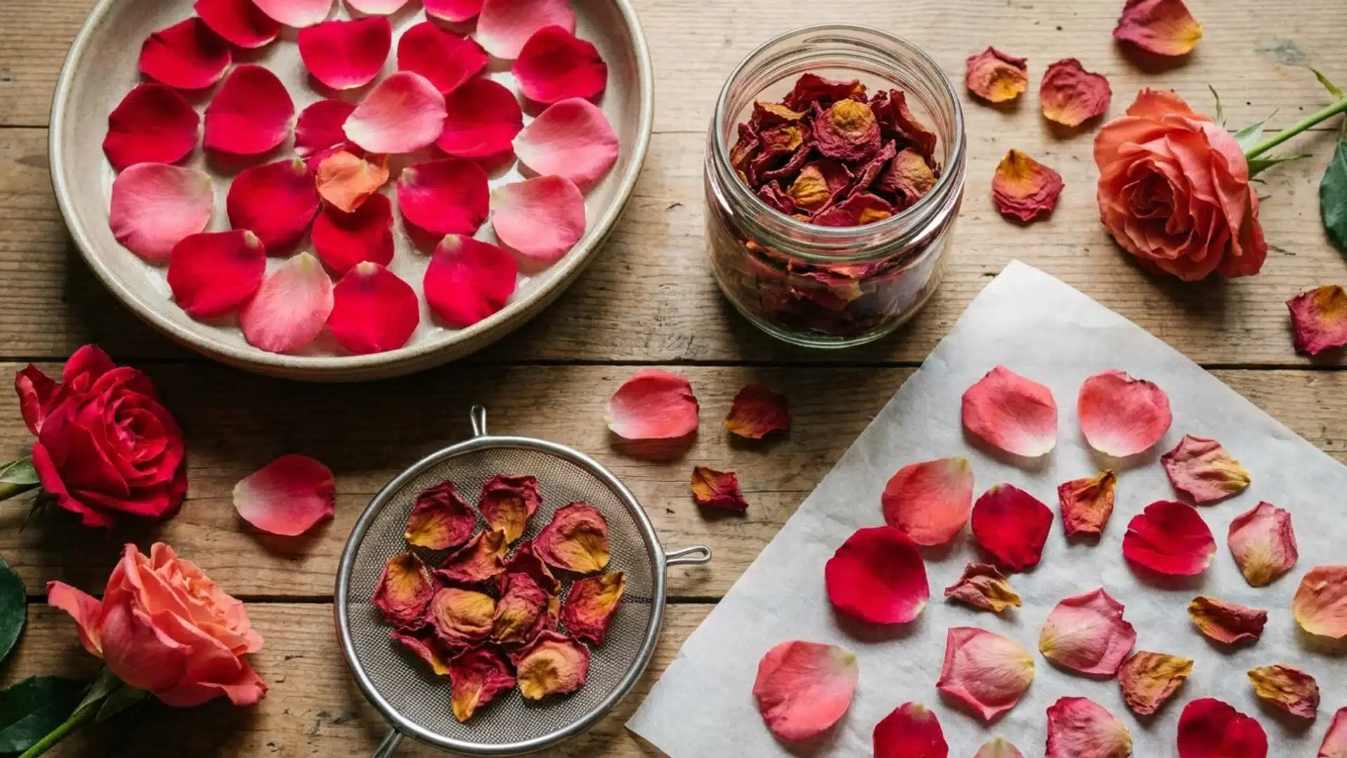 Various dried rose petals ready for crafts, decor, and homemade projects.
