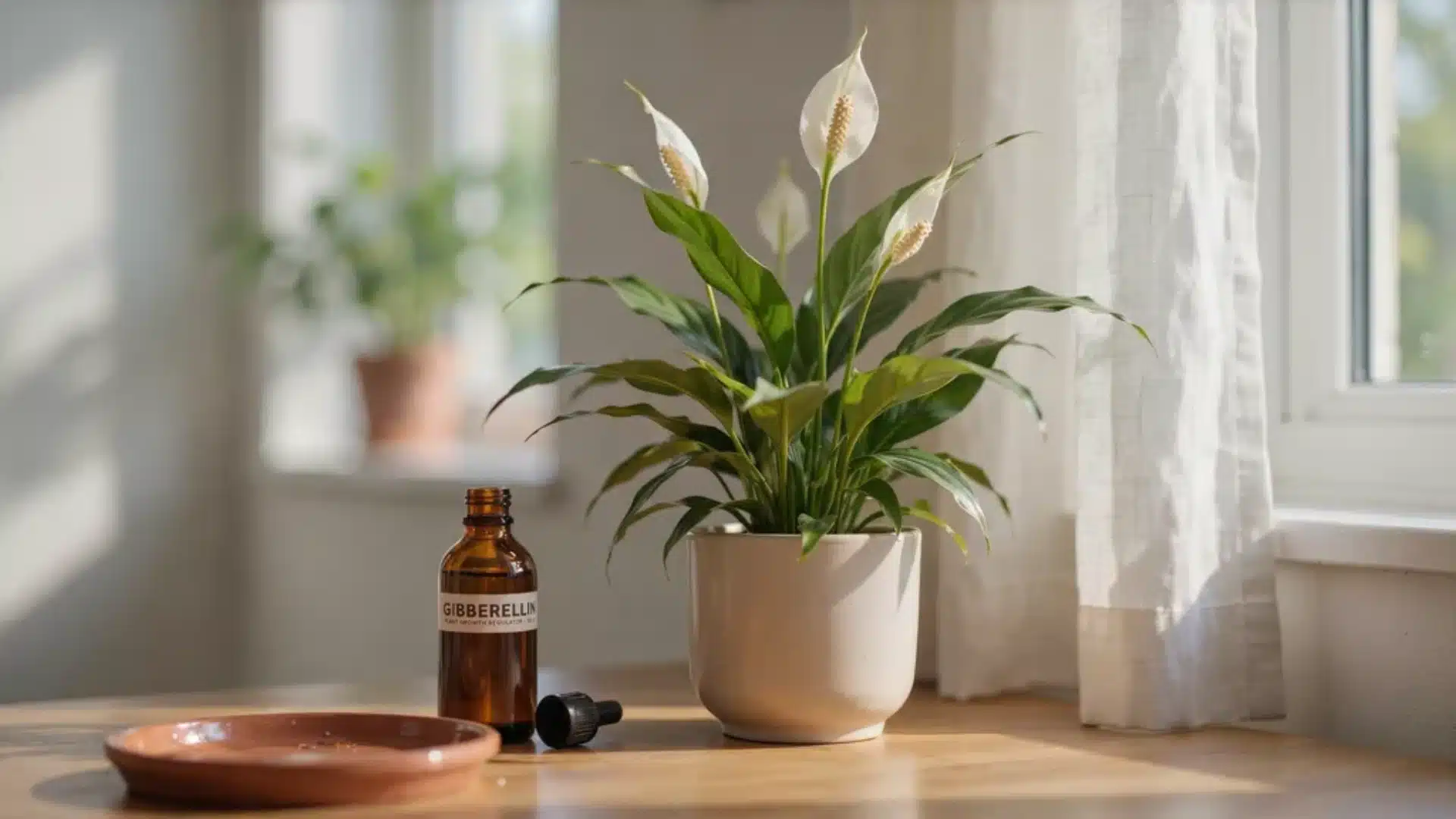 Peace lily plant with white blooms next to a bottle of gibberelic acid placed indoors on a wooden table near a bright window, showing natural light.