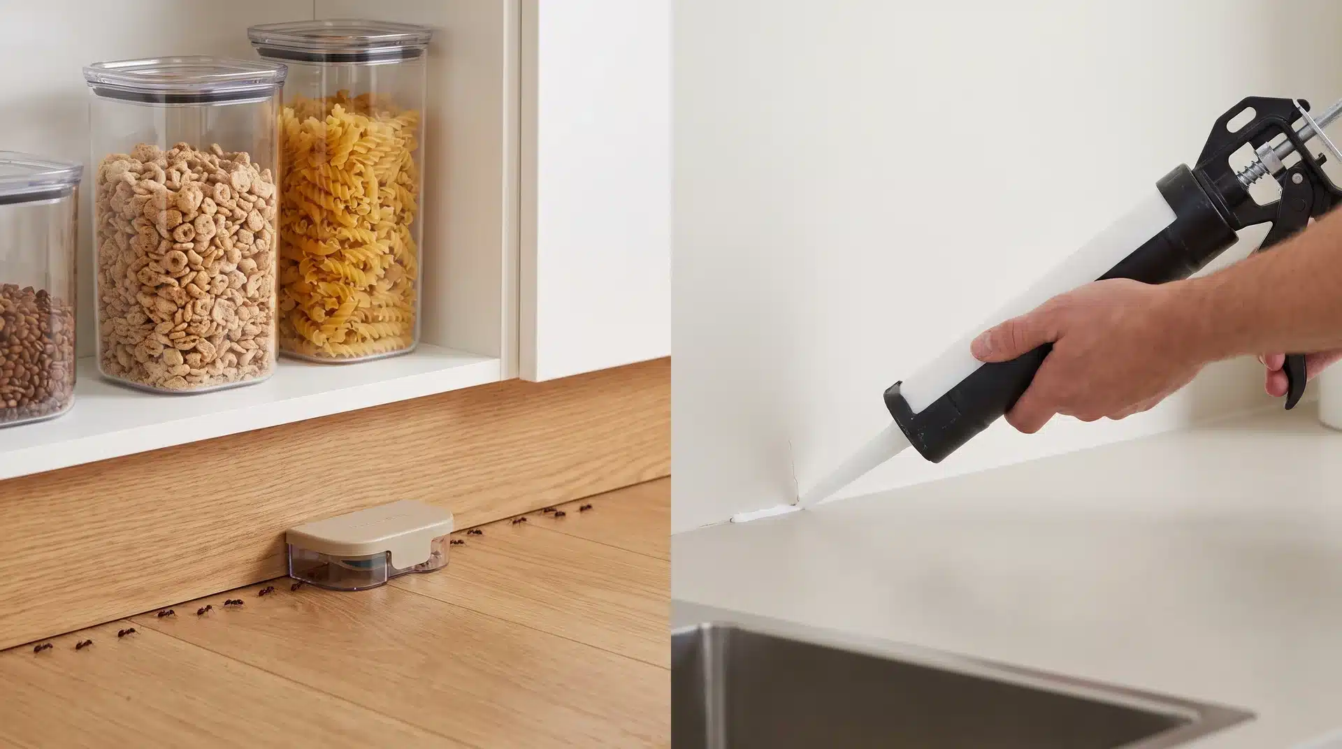Ants in home controlled using bait stations, sealed food containers, and methods to block entry points.