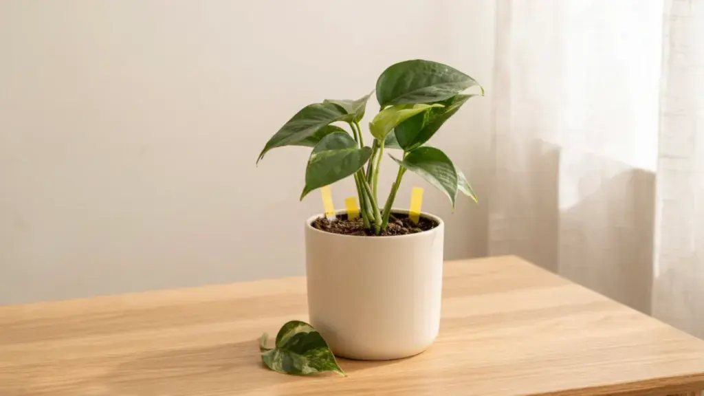 Potted houseplant with yellow sticky traps inserted in soil to catch fungus gnats, placed on a wooden table in soft indoor light.