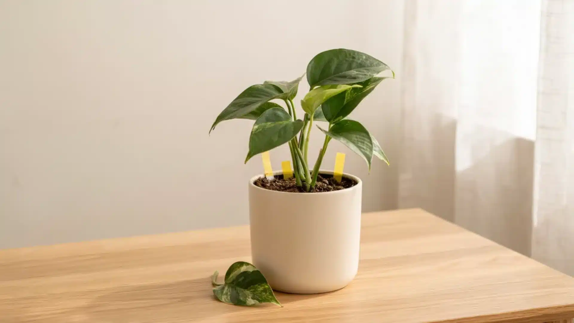 Potted houseplant with yellow sticky traps inserted in soil to catch fungus gnats, placed on a wooden table in soft indoor light.