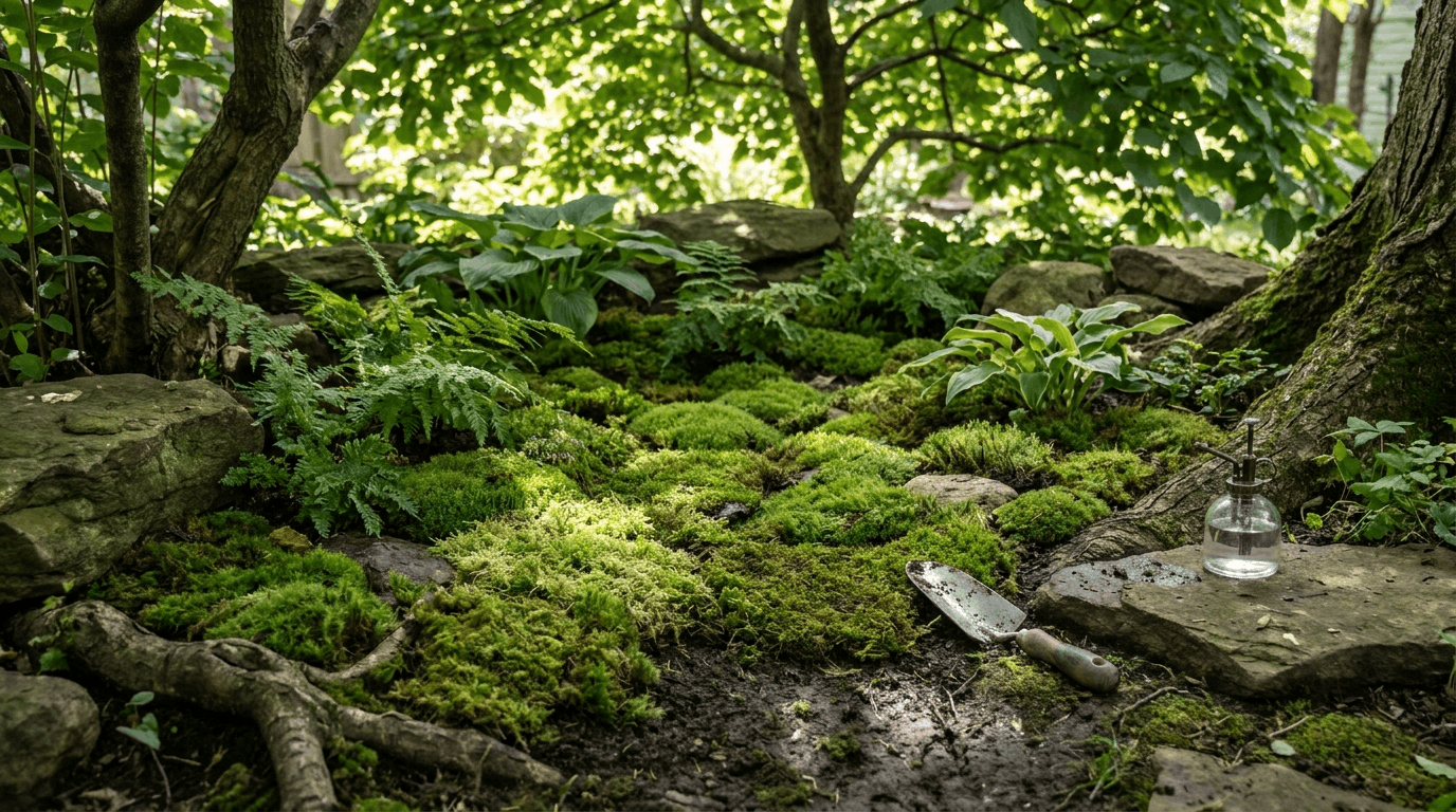 Lush moss garden growing in shaded backyard with green moss carpet covering soil stones and woodland landscape.