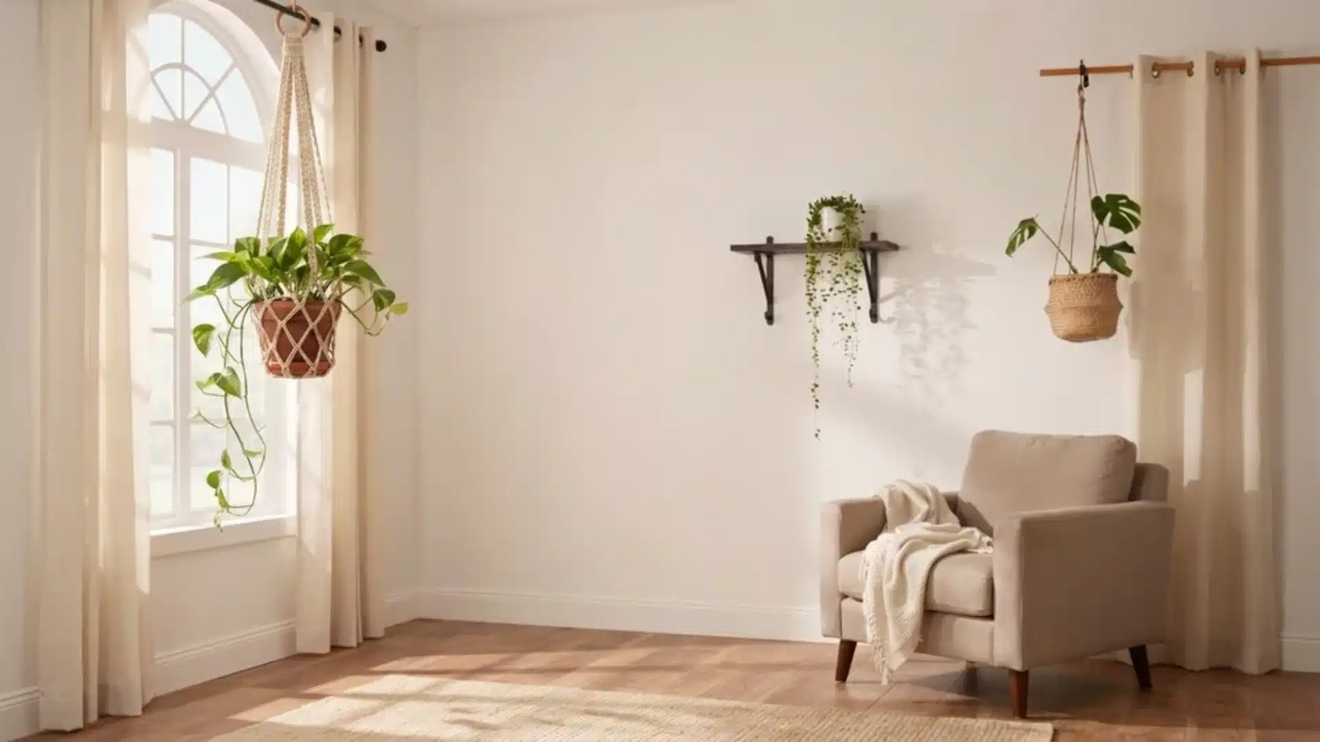 Cozy beige-toned room with a chair, wall-mounted plant shelf, and hanging crocheted planter near a window with warm natural light and soft curtains.