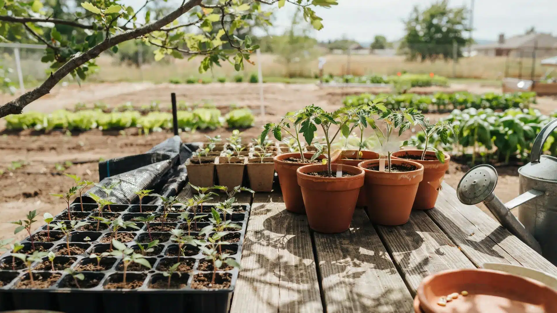 Outdoor garden table with multiple seedling pots and trays, showing young vegetable plants in containers alongside gardening tools and a watering can.