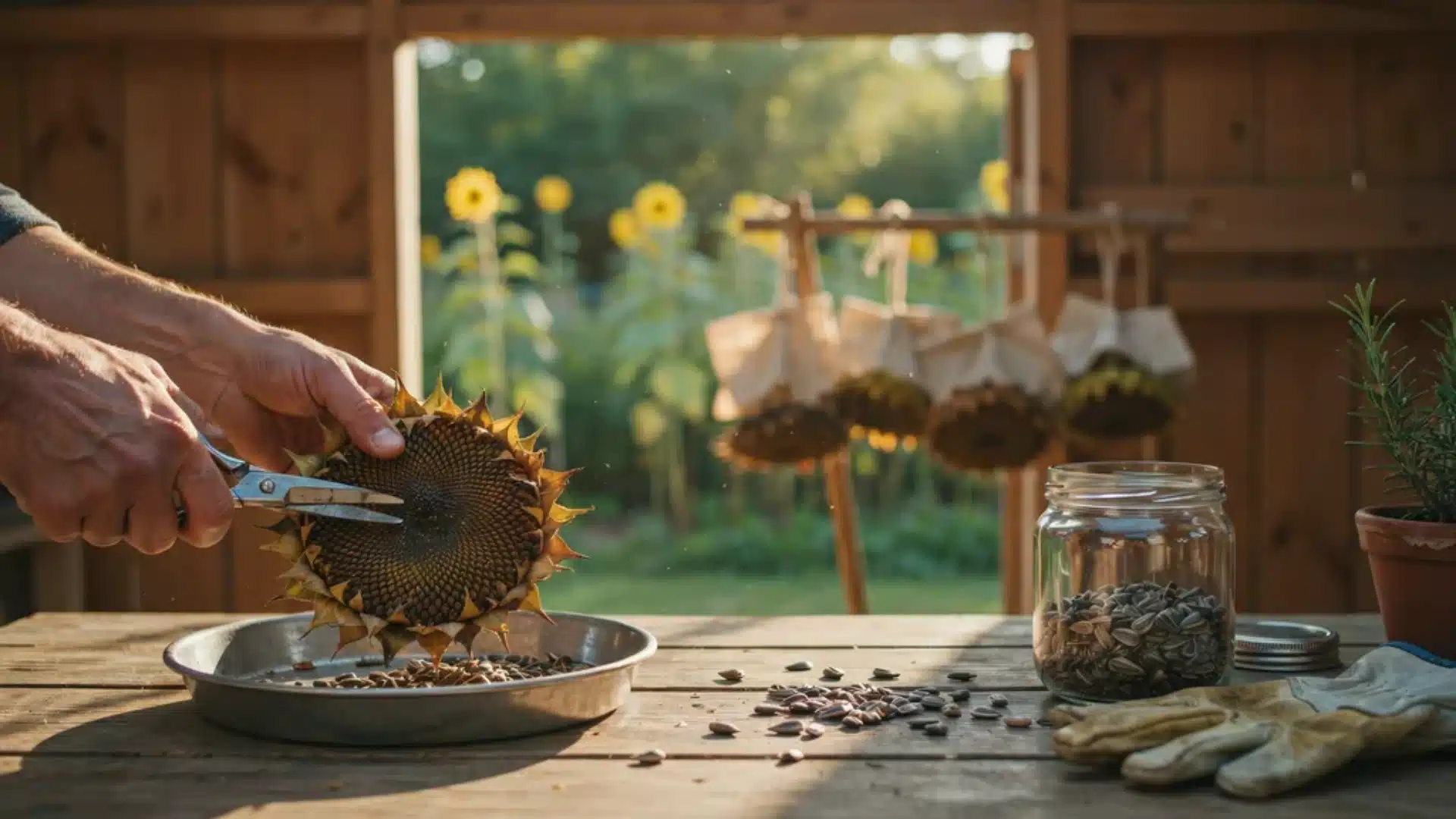 Hands harvesting sunflower seeds from a dried sunflower head with seeds collected in a glass jar.