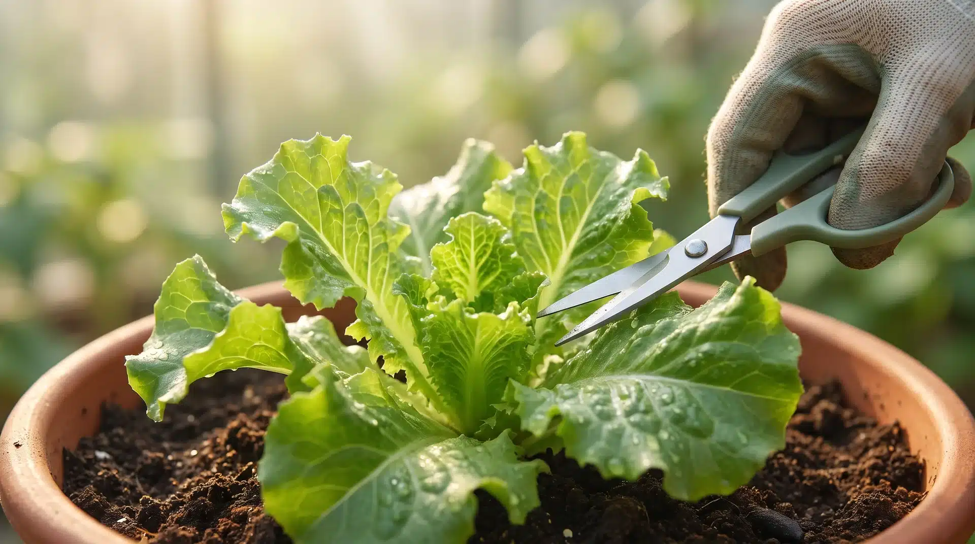 Hands carefully cutting fresh lettuce leaves from a pot, showing cut-and-come-again method for growing lettuce in containers.