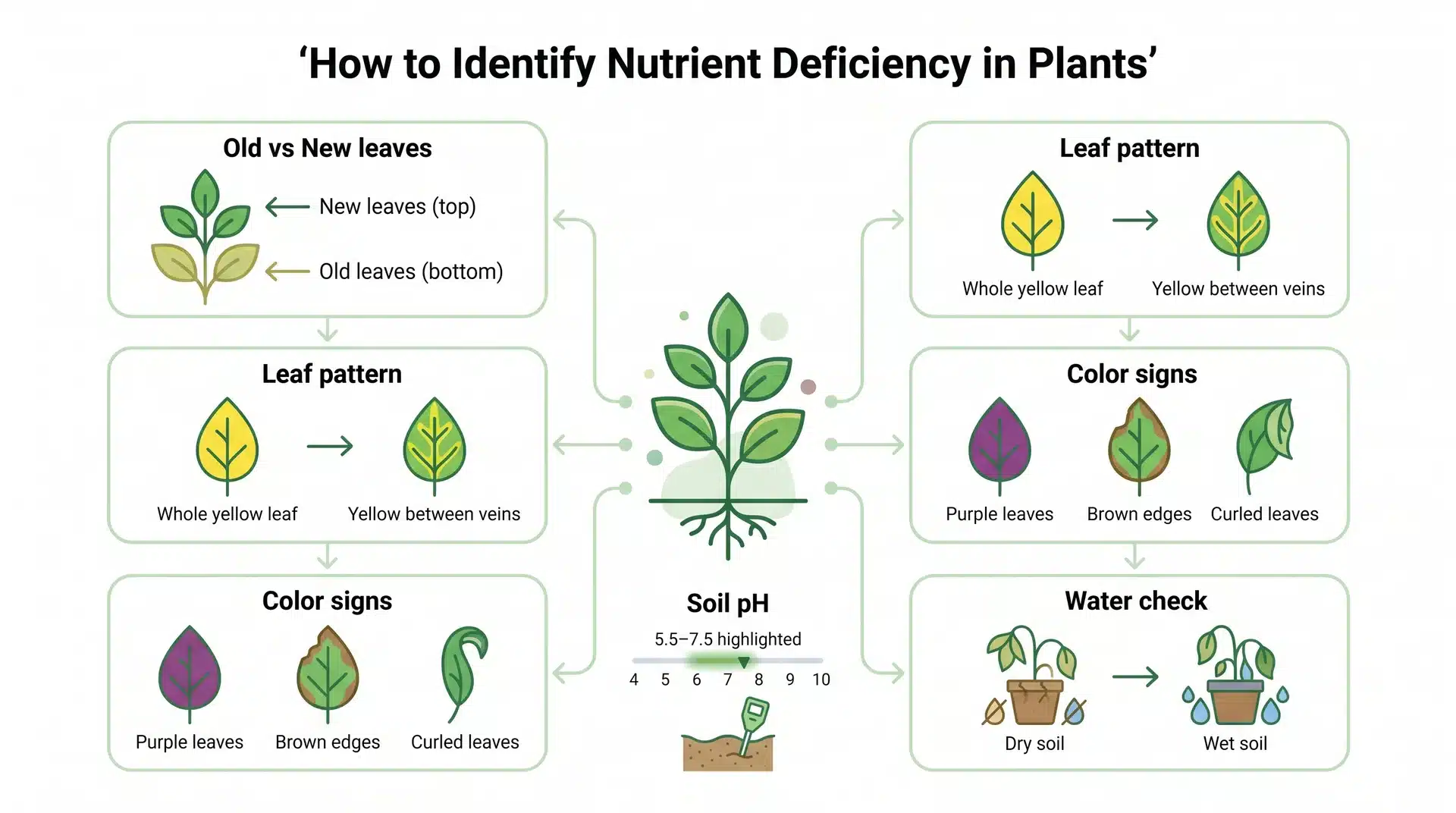 Infographic explaining how to identify nutrient deficiency in plants using comparisons of old vs new leaves, leaf color patterns, soil pH levels, and simple water checks.