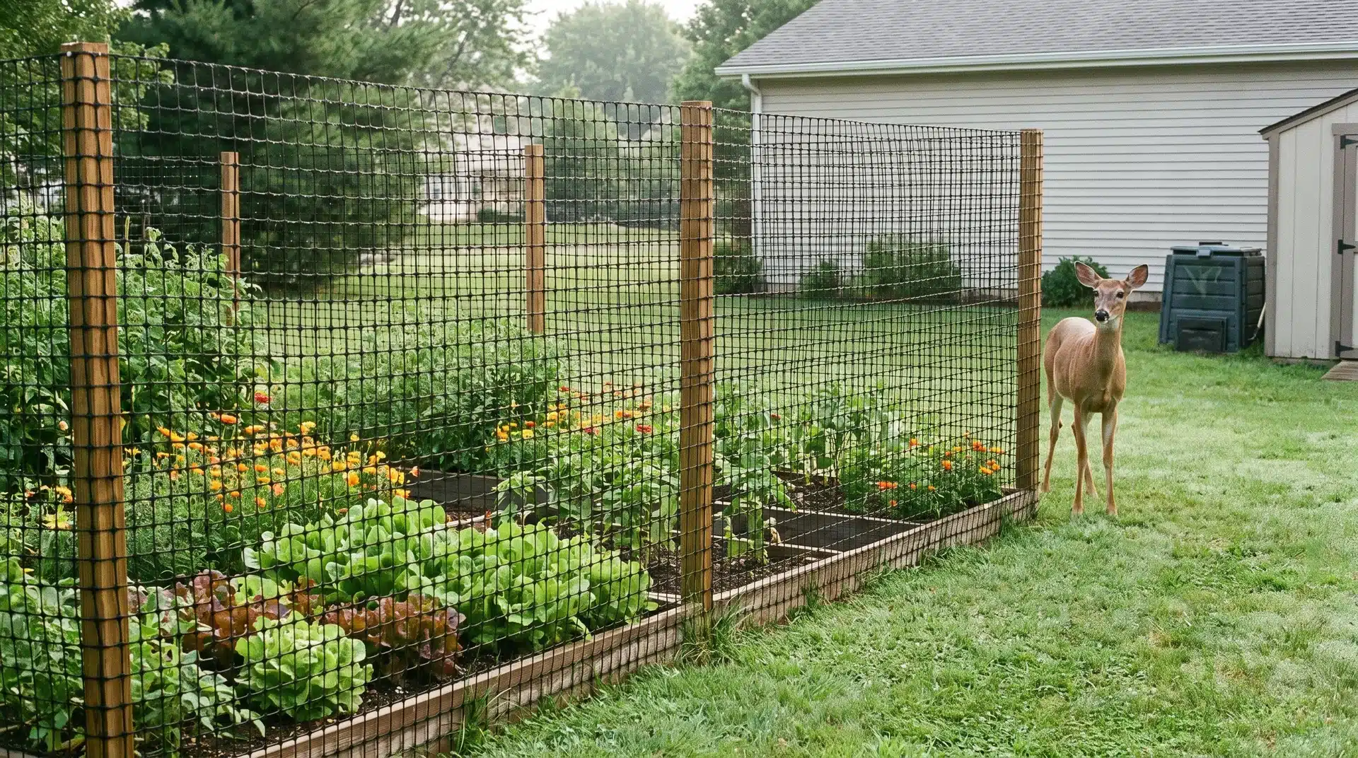 Tall mesh fencing around vegetables helps keep deer out of garden and prevents wildlife from reaching plants.