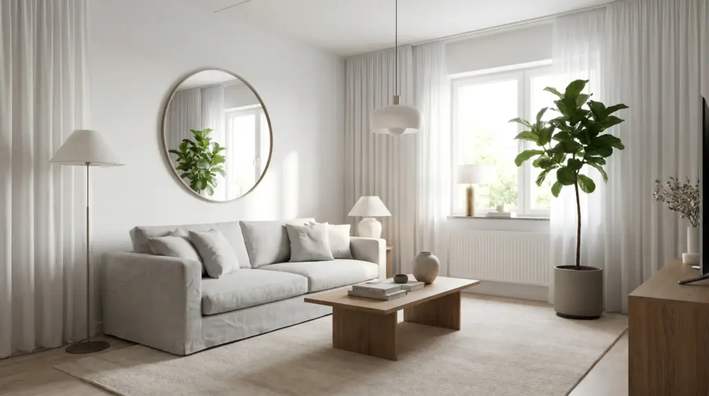 Bright, neutral living room with smart layout and décor to make small living room look bigger and feel more spacious.