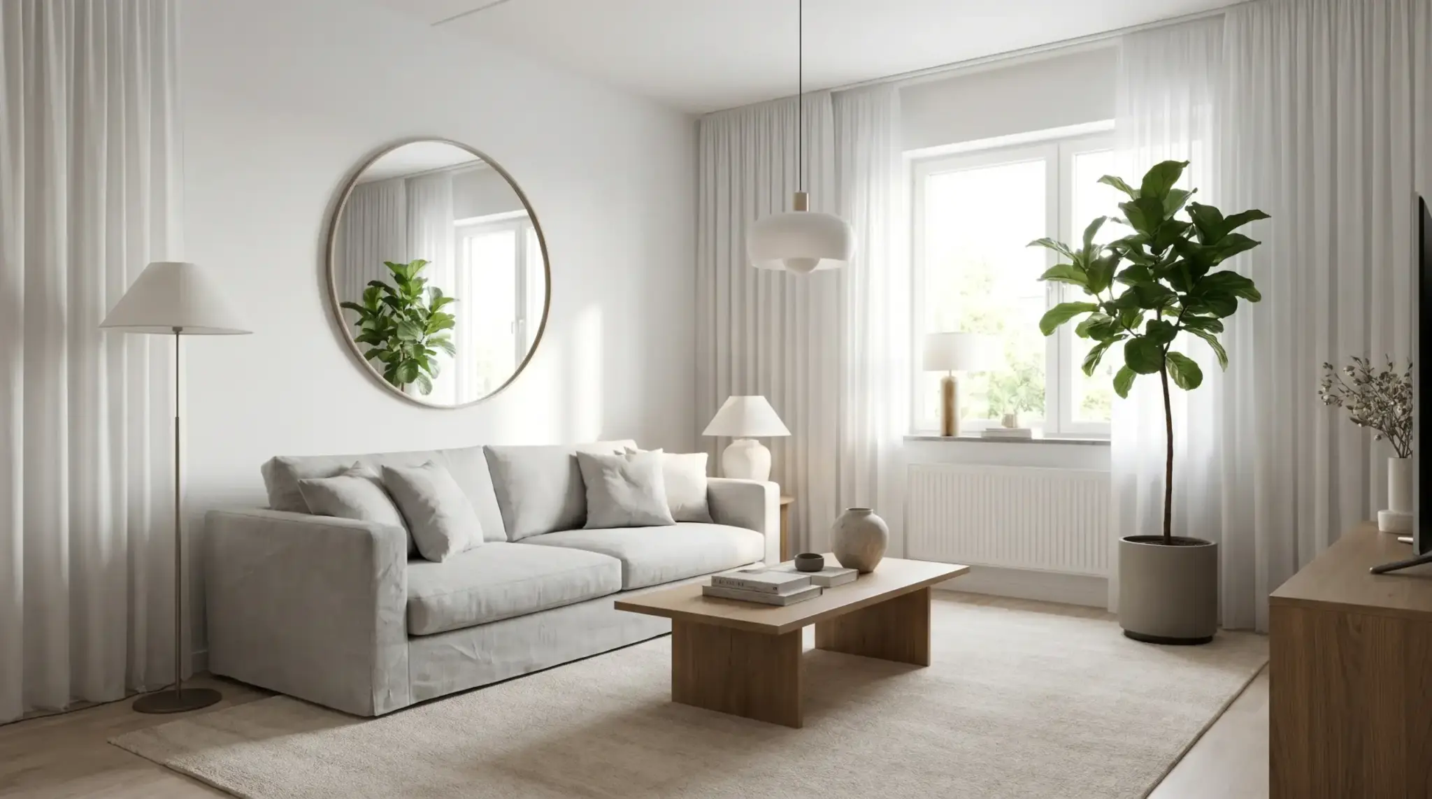 Bright, neutral living room with smart layout and décor to make small living room look bigger and feel more spacious.