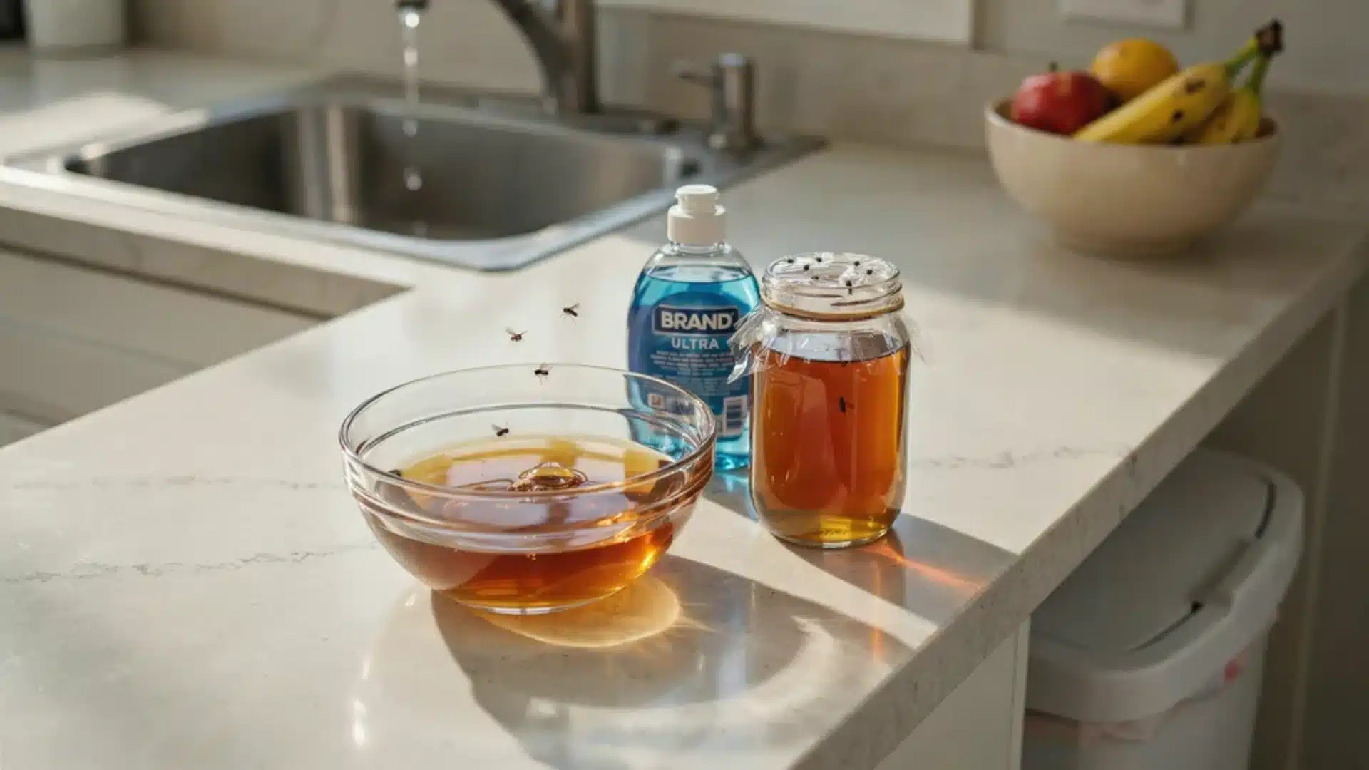 Apple cider vinegar trap setup on a kitchen counter with a bowl of liquid, a bottle of cleaner, and a jar nearby, with small flies hovering around.