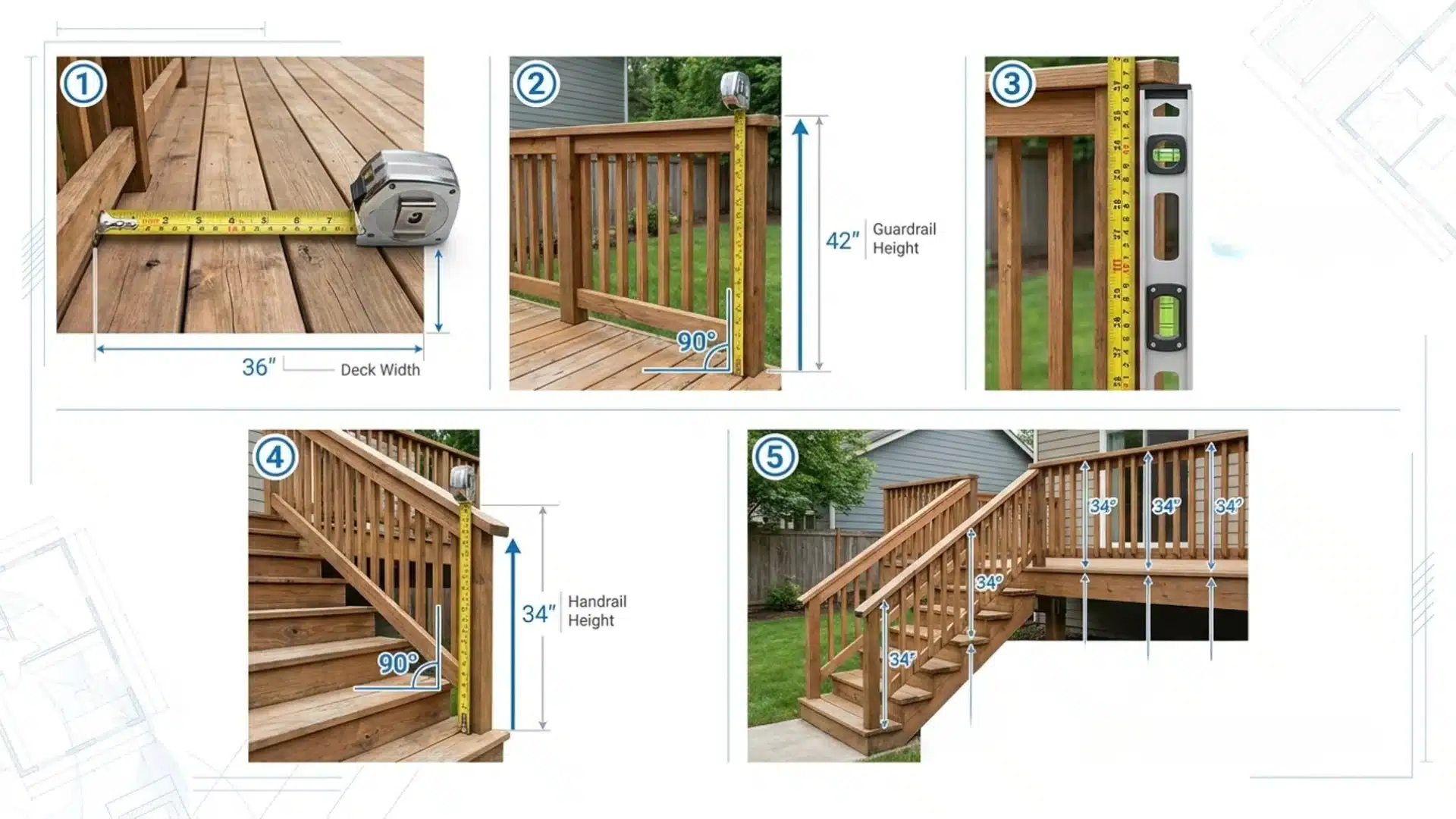 Steps showing how to measure deck railing and guardrail height requirements.