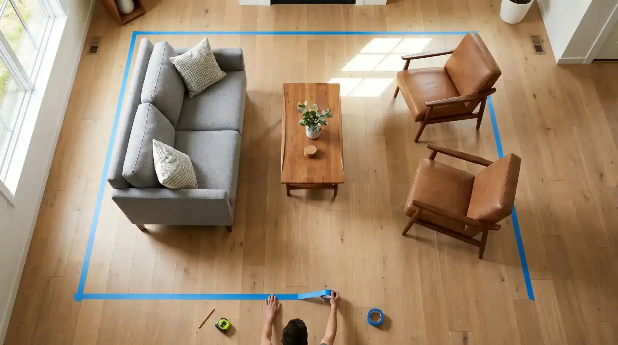 Top-down view showing painter's tape layout for living room rug size planning and furniture placement guide.