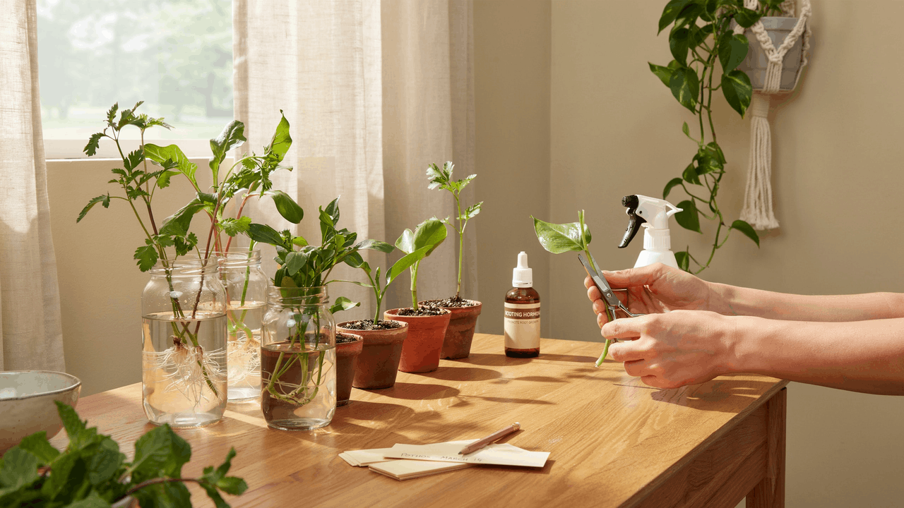 Indoor plant propagation setup showing cuttings in water jars soil trays and tools on wooden table in natural light.