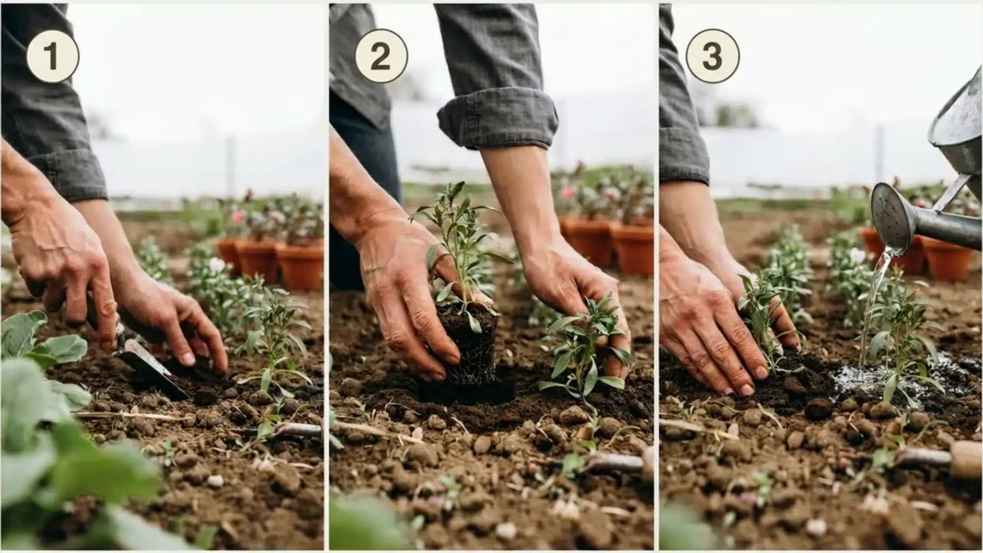 Three-step view of planting snapdragon seedlings in soil, placing the plant, and watering the newly planted area.
