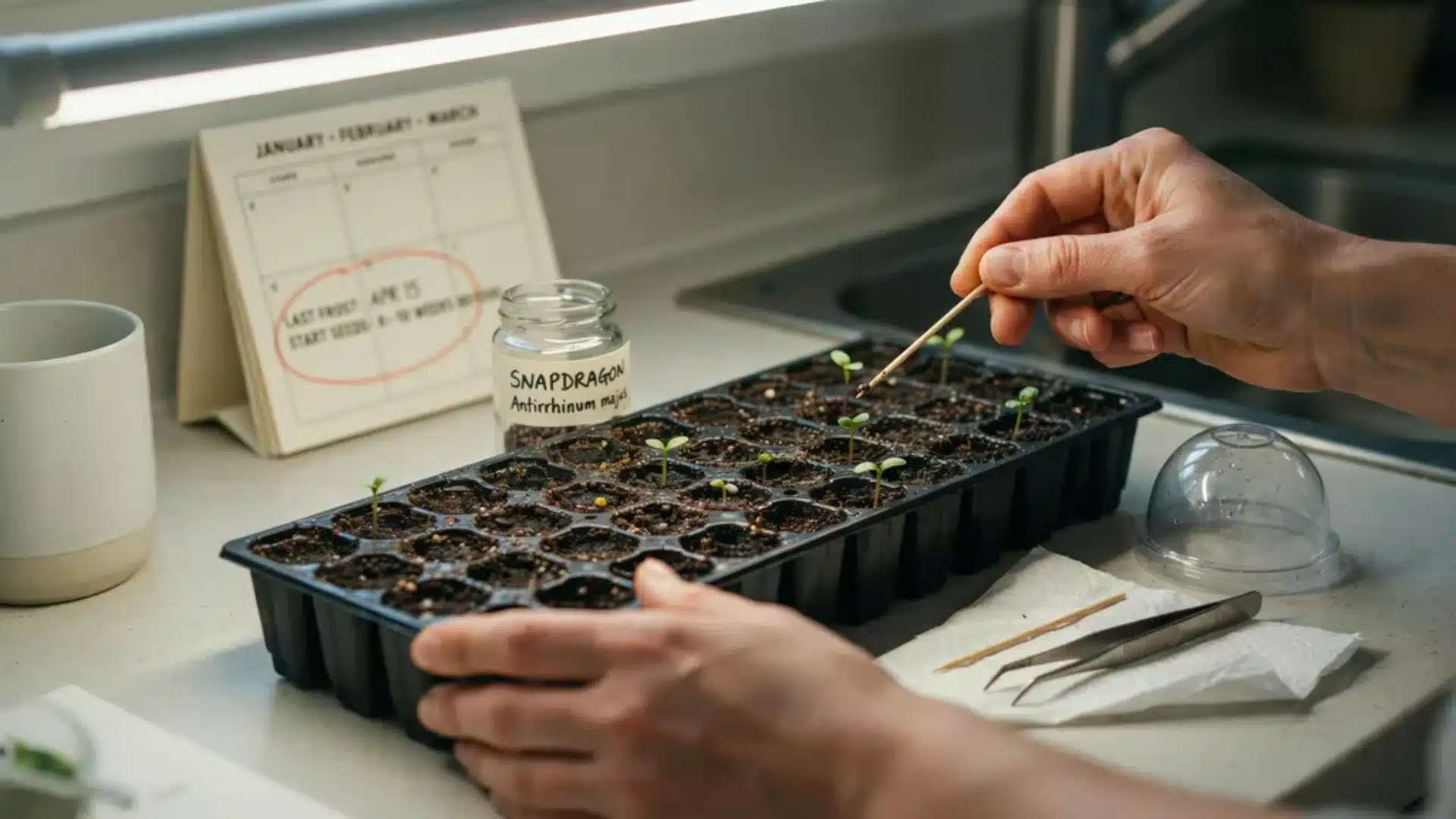 Hands tending snapdragon seedlings in a seed tray indoors with labels, tools, and a planting calendar.
