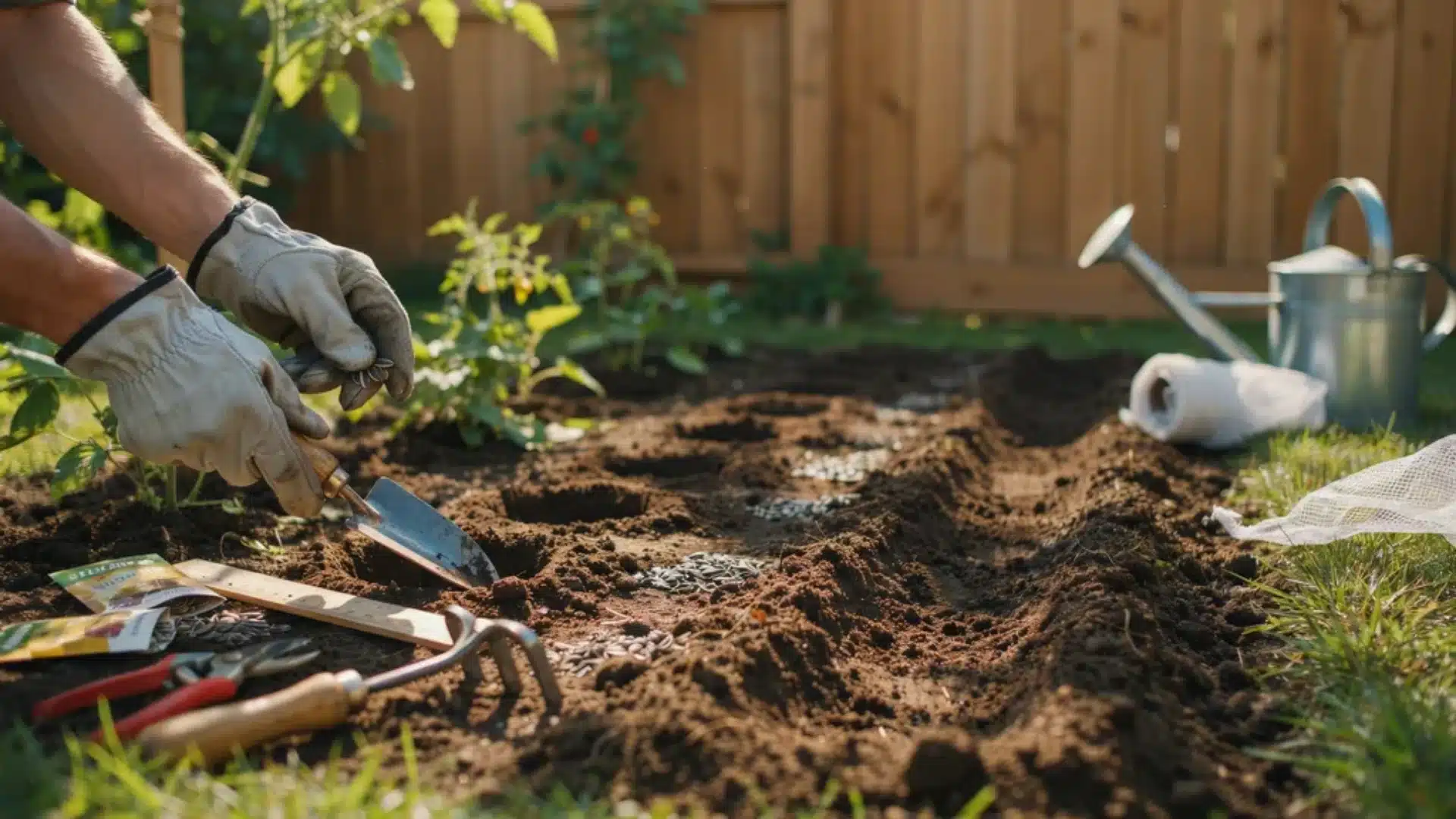 Hands planting sunflower seeds into prepared garden soil with gardening tools and seed packets nearby.