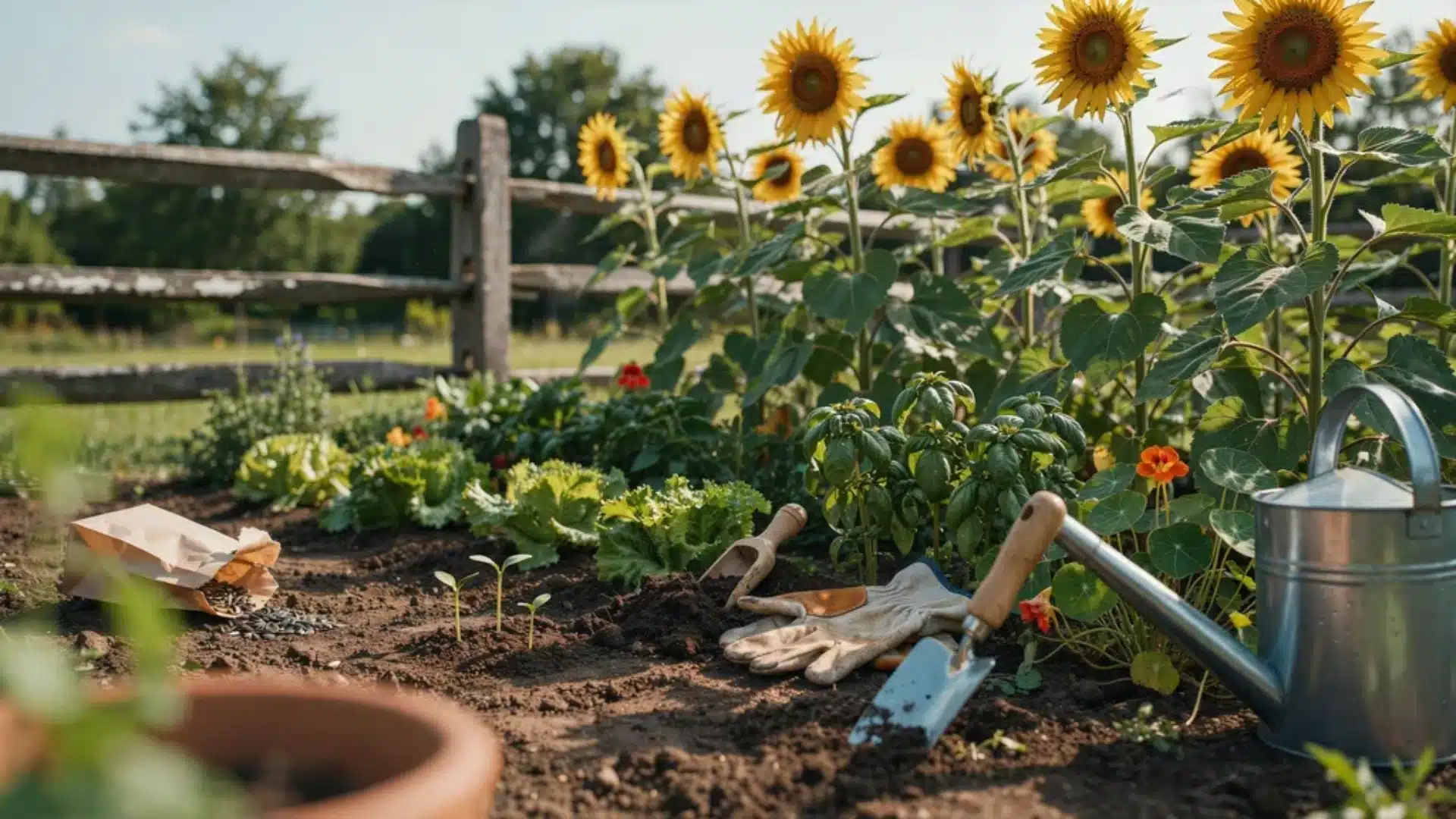 Sunflower garden bed with blooming sunflowers, gardening tools, soil, gloves, and watering can ready for planting.