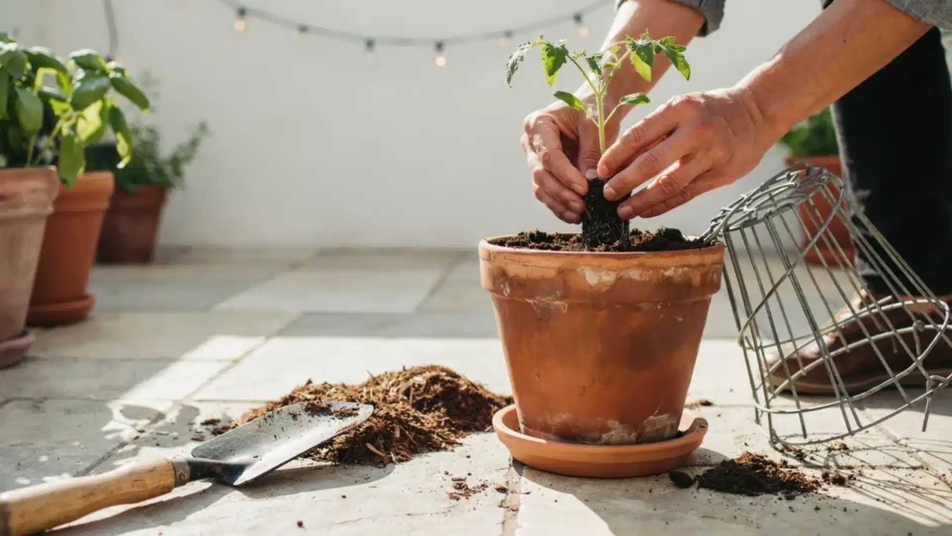 Planting a young tomato seedling into a container, with hands firming soil around the base and gardening tools placed nearby.