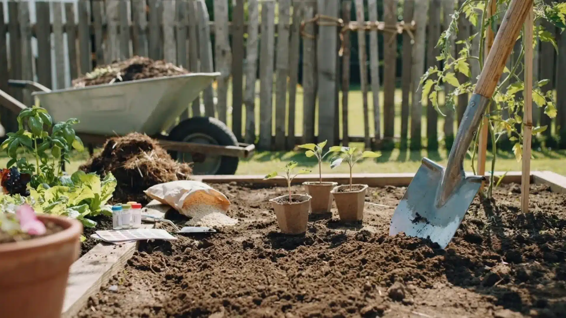 Gardener preparing loose soil in a garden bed with a trowel, seeds, compost, and planting tools.