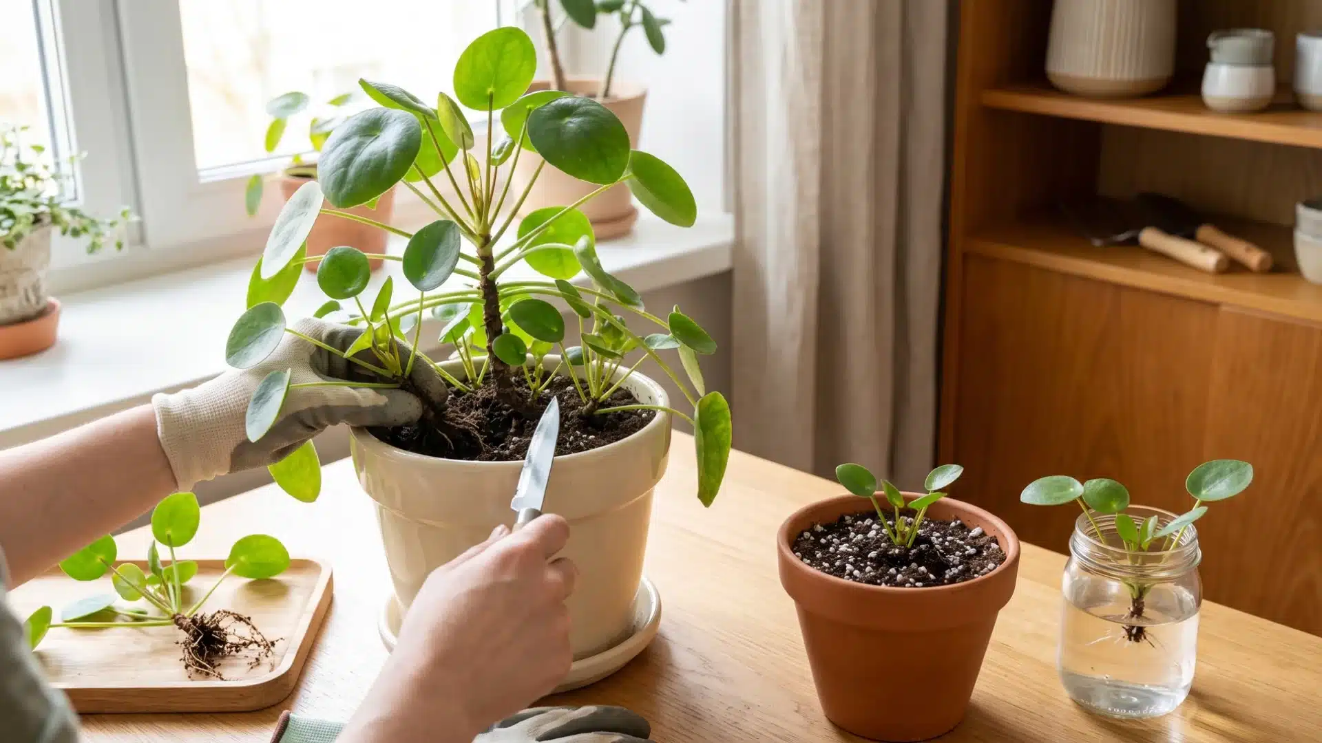 Propagation of Chinese money plant using pups separated from mother plant in a pot.