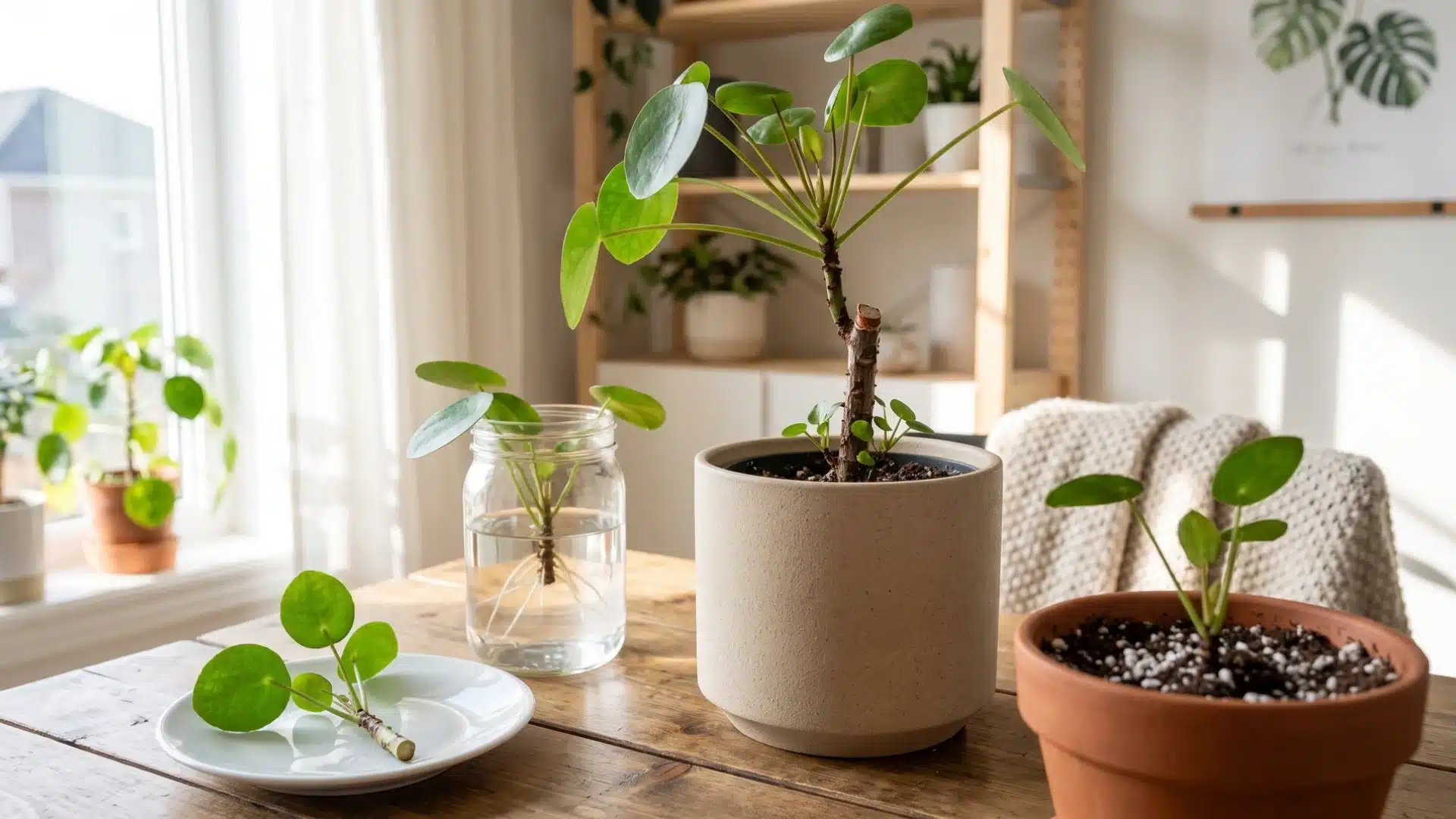 Hands trimming Chinese money plant stem cuttings with tools for propagation on a wooden table.