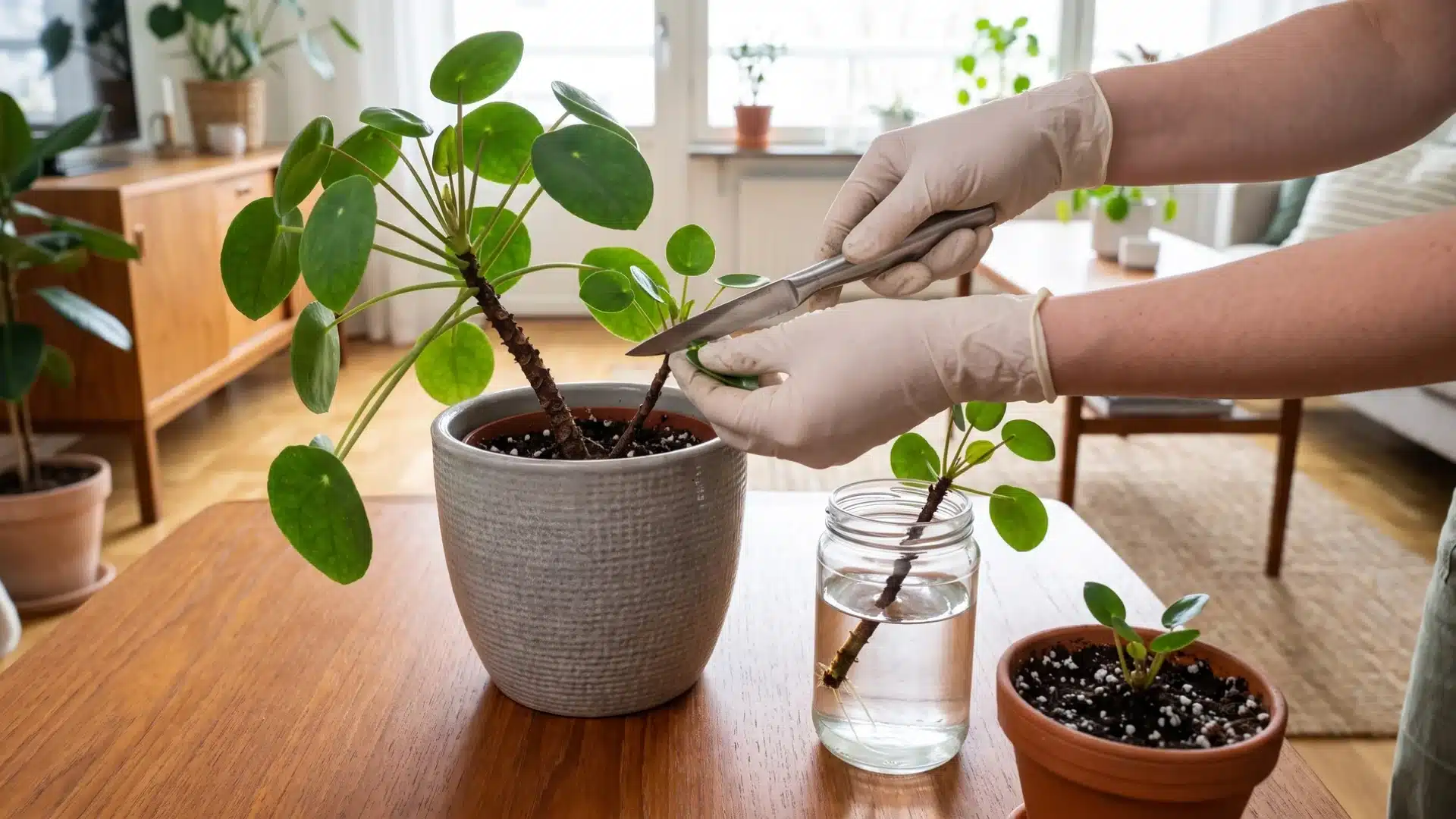 Chinese money plant showing stem plantlets ready for propagation in a clean indoor gardening setup.