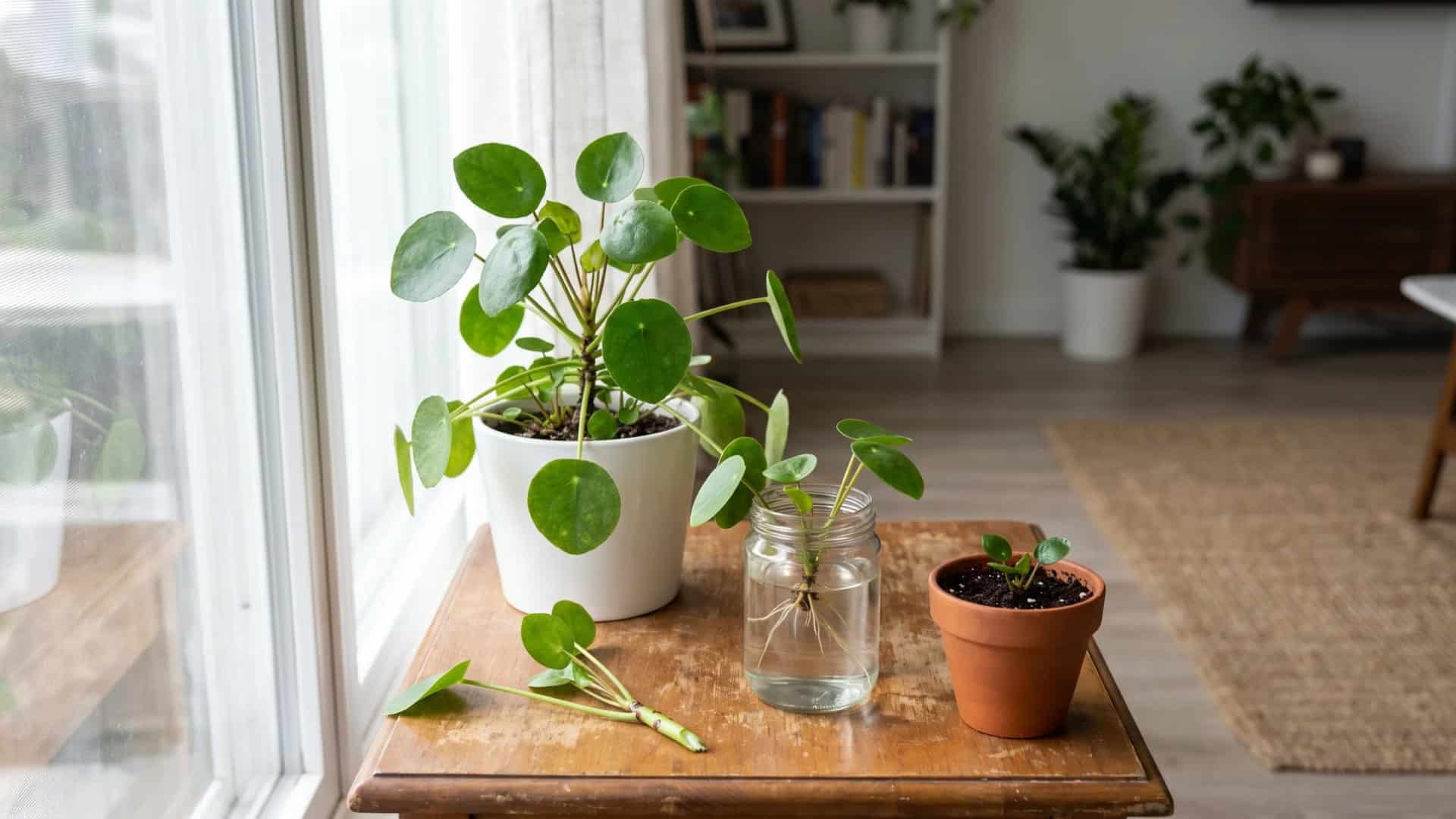 Chinese money plant on table showing propagation overview in a bright indoor setting with pots and cuttings displayed.