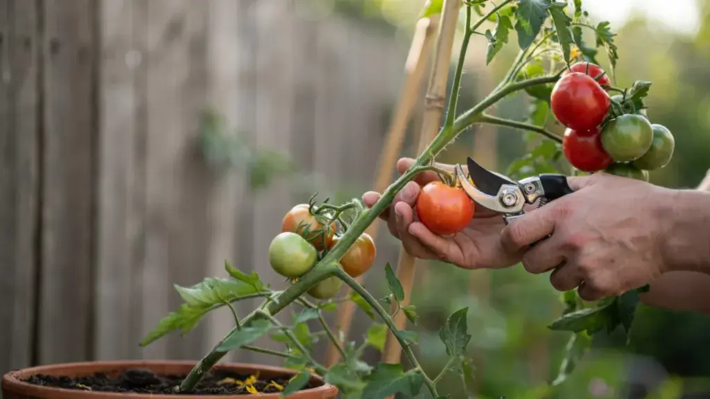 A close-up of hands pruning a tomato plant using garden shears, focusing on fruit clusters and stems in a home garden setting.