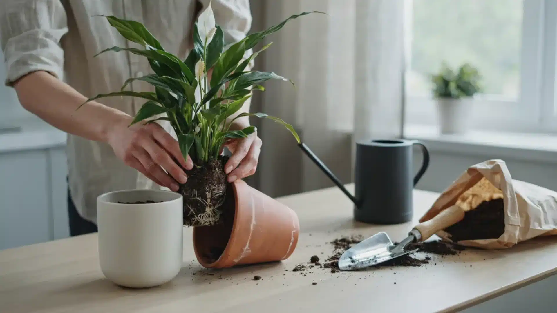 Hands repotting a peace lily, lifting it from an old pot with exposed roots and fresh soil ready for transplanting.
